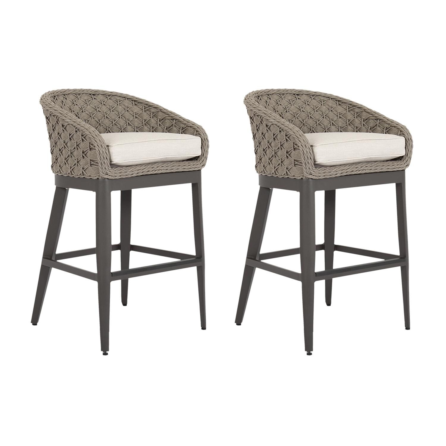 Marbella 2 Piece Rope & Aluminum Patio Barstool Set W/ Sunbrella Echo Ash Cushions By Sunset West