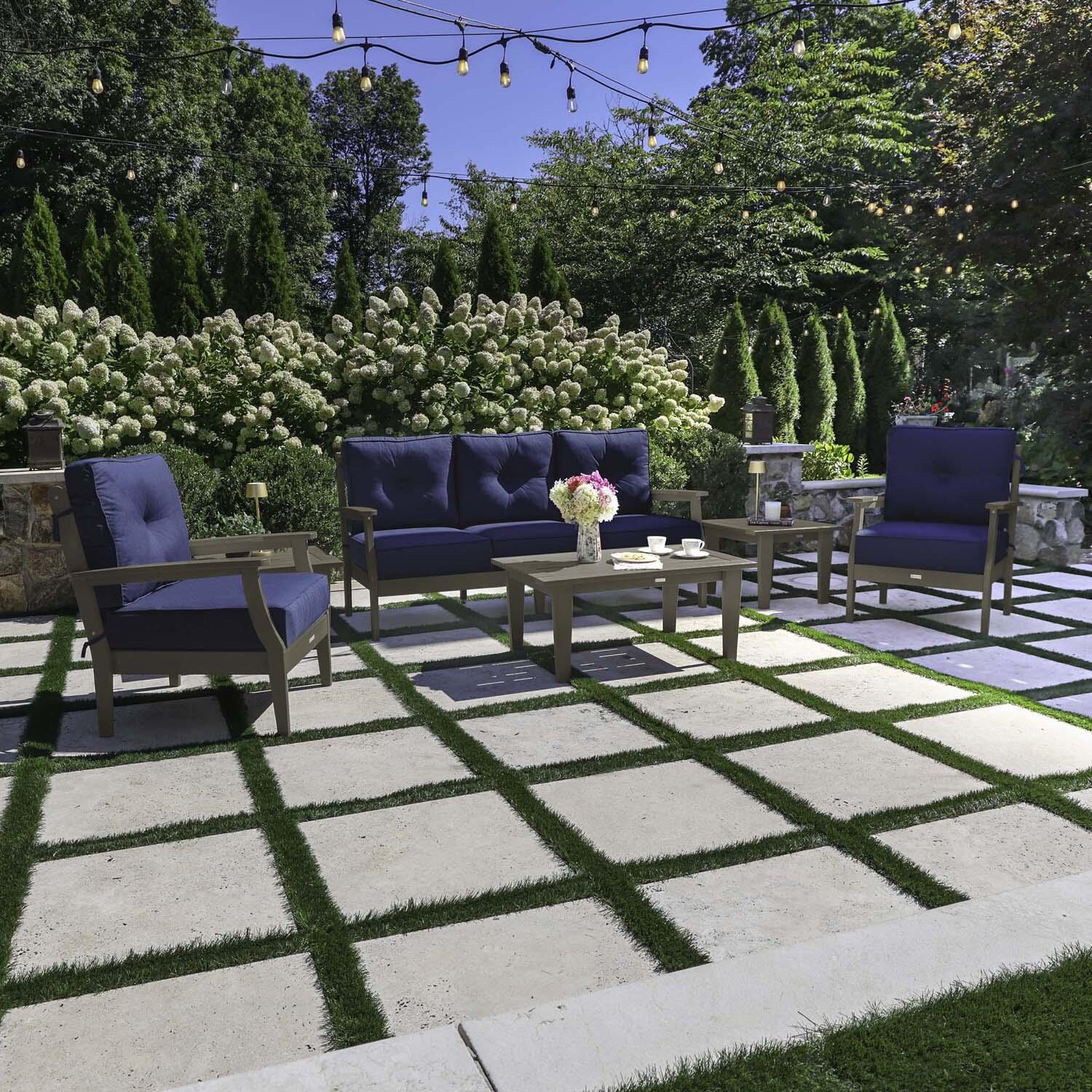 Blushing Bay 6 Pc Recycled Plastic Seating Set w/ Sofa in Spectrum Indigo/Woodland Brown by Lakeview Outdoor Designs - Lifestyle thumbnail