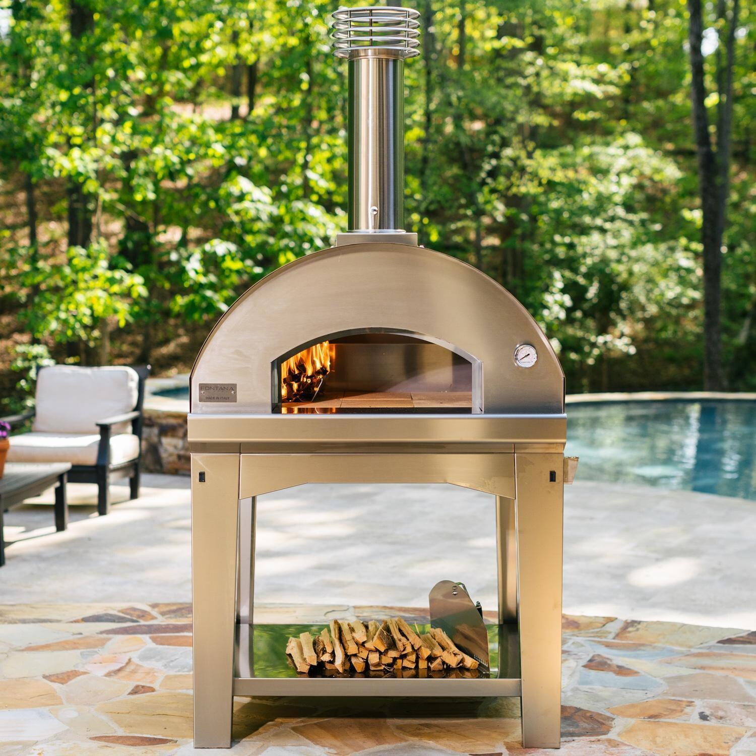Fontana Forni FTMF-A Mangiafuoco Wood-Fired - Anthracite - By the Pool (Shown on Cart) - Lifestyle thumbnail