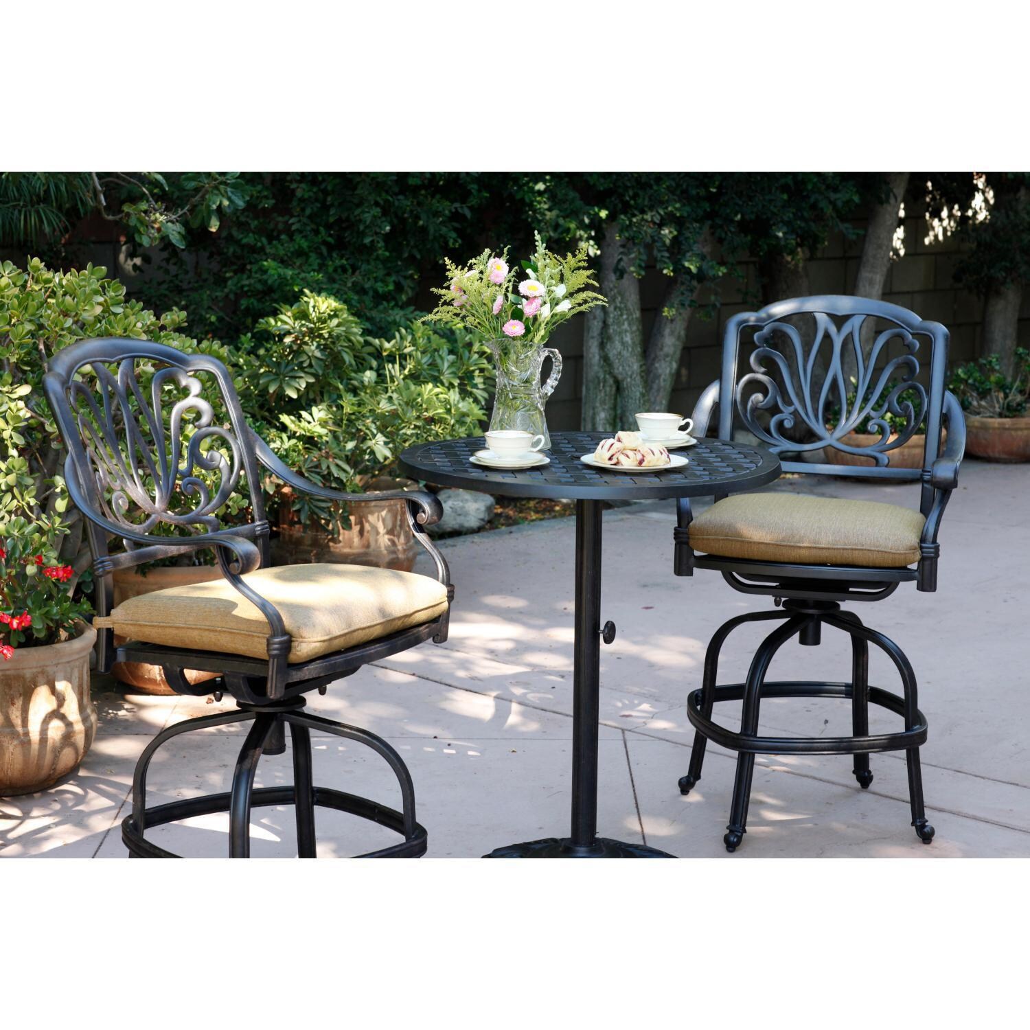 Darlee B/DL707-3PC-30CJ Elisabeth 3 Piece Cast Aluminum Patio Counter Height Bar Set W/ 30 Inch Round Table & Sesame Cushions - Lifestyle thumbnail