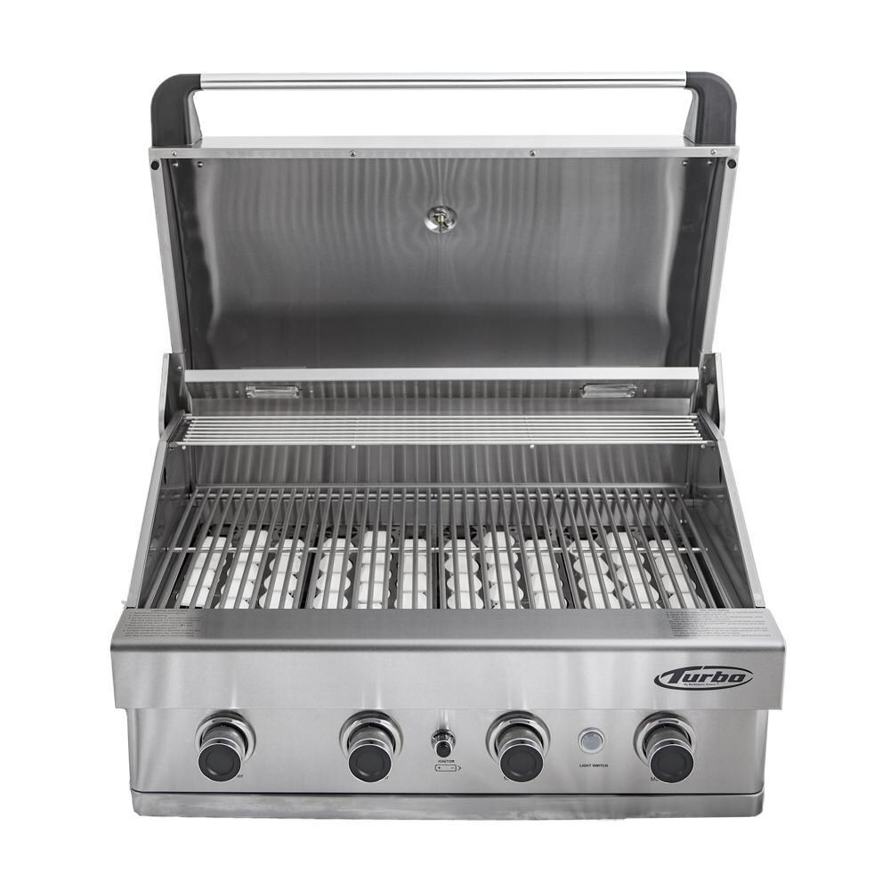 Turbo BTH3221BLP 32-Inch 4-Burner Built-In Gas Grill - Grill Front With Hood Open thumbnail