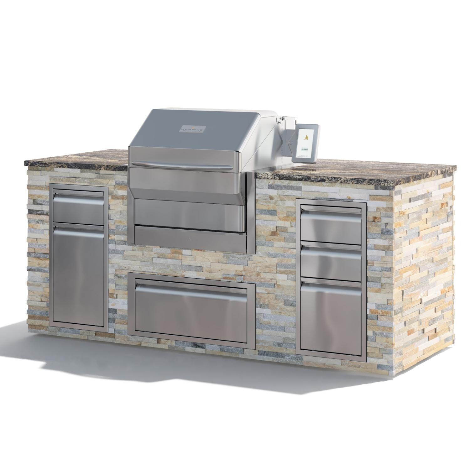 Memphis Grills 7-Foot Stone Island Kitchen W/ 28-Inch Pro ITC3 Pellet Grill & Access Drawers - Sierra Sandstone W/ Tiramisu Granite - VGB0001S