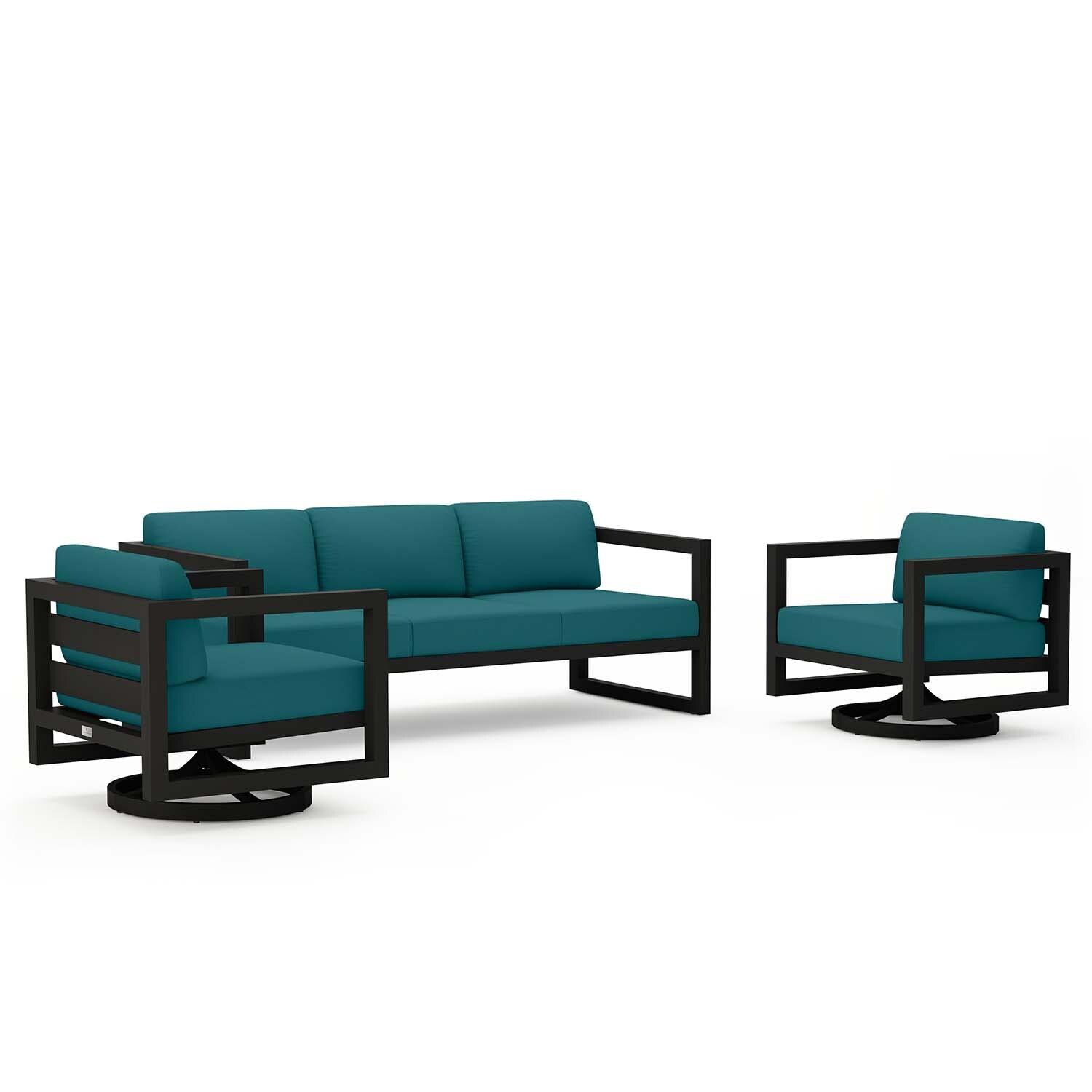 Misty Cove 3 Pc Aluminum Sofa Seating Set w/ Swivel Chairs in Black/Spectrum Peacock by Lakeview Outdoor Designs - Angled Side View - White Background thumbnail