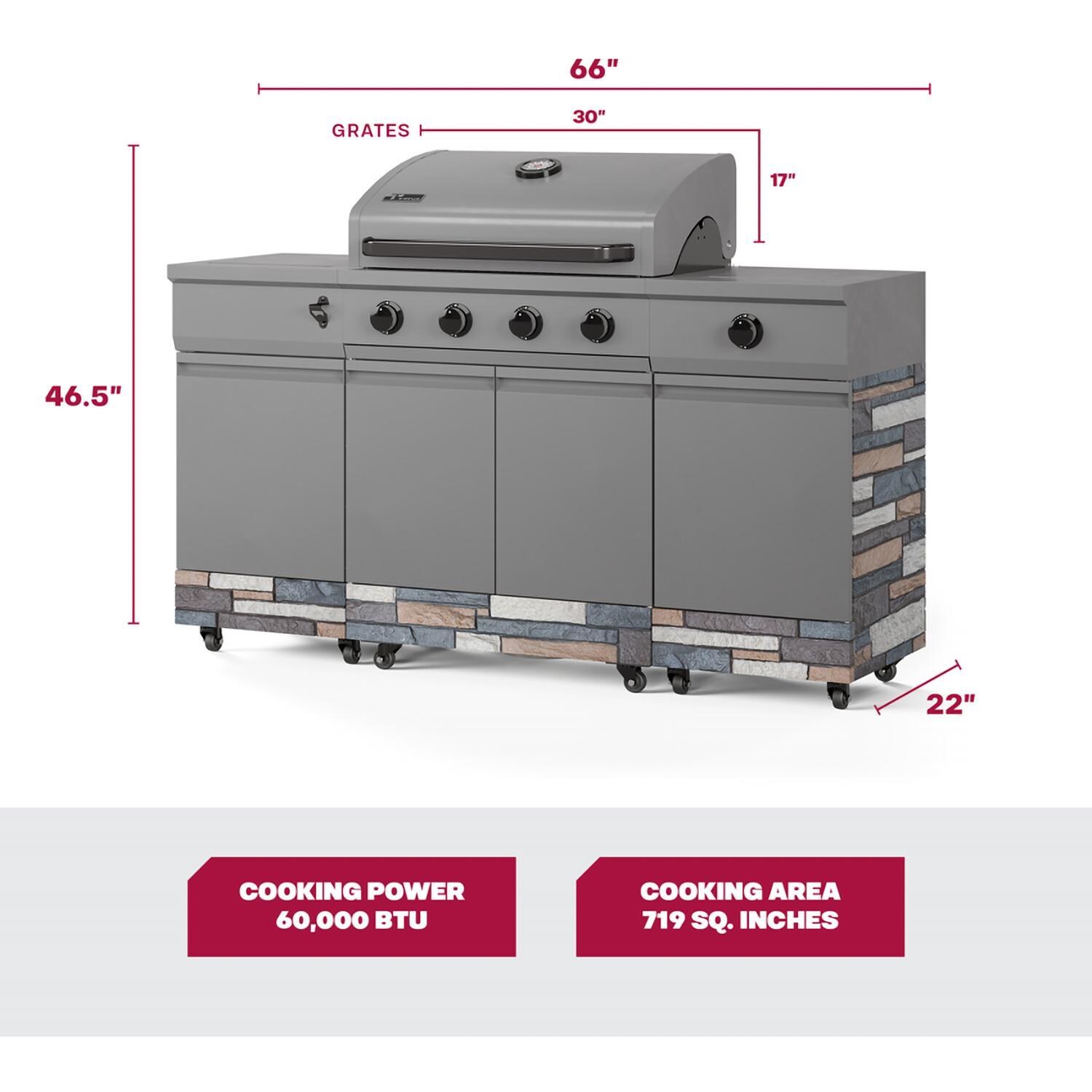 TYTUS Fresno Series 5-Burner Propane Island Grill in Gunmetal + Ash Stone w/ Cover & Griddle - Measurements - Dimensional thumbnail