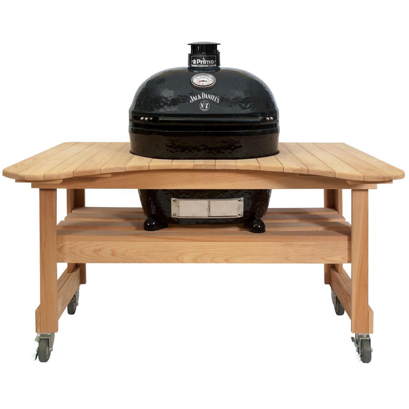 Primo PGCXLHJ Jack Daniels Edition Oval XL 400 Ceramic Kamado Grill On Curved Cypress Table With Stainless Steel Grates thumbnail
