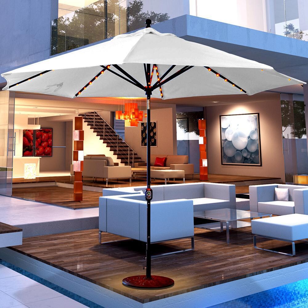 11' lighted patio umbrella Solar w/ Light Bulbs Tilt 3-Tiered 11ft 8-Rib The umbrella stand can be filled with water or sand to add up to 240 lbs ACEGOSES 11-ft Aluminum Light gray
