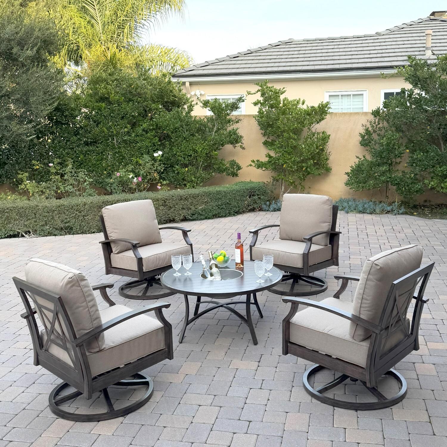 Atlantis 5 Pc Aluminum Seating Set w/ 4 Swivel Rocker Club Chairs & Ice Bucket in Walnut/Beige by Darlee - Hero - Lifestyle thumbnail