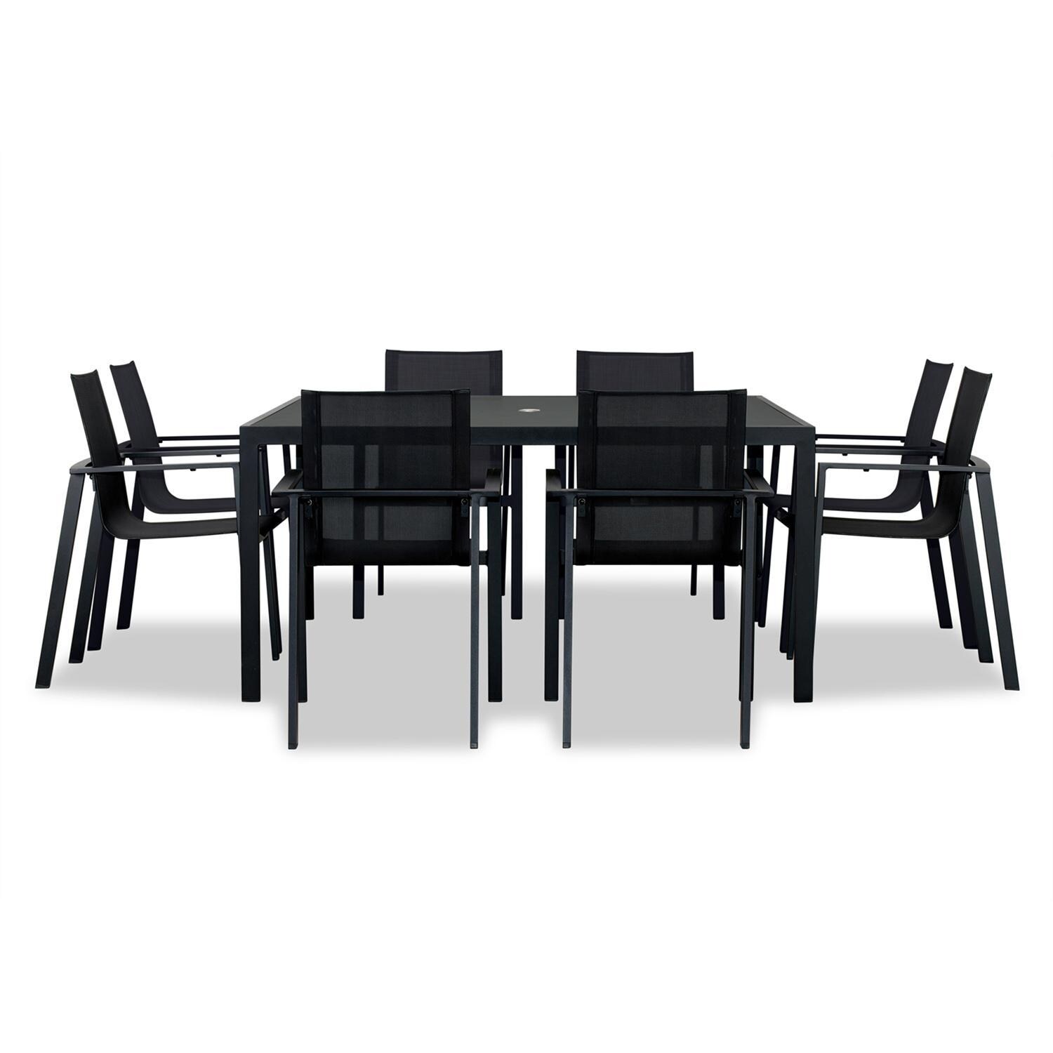 Spring Bay 9 Pc Aluminum Dining Set - Square w/ Glass Top in Black/Black by Lakeview Outdoor Designs