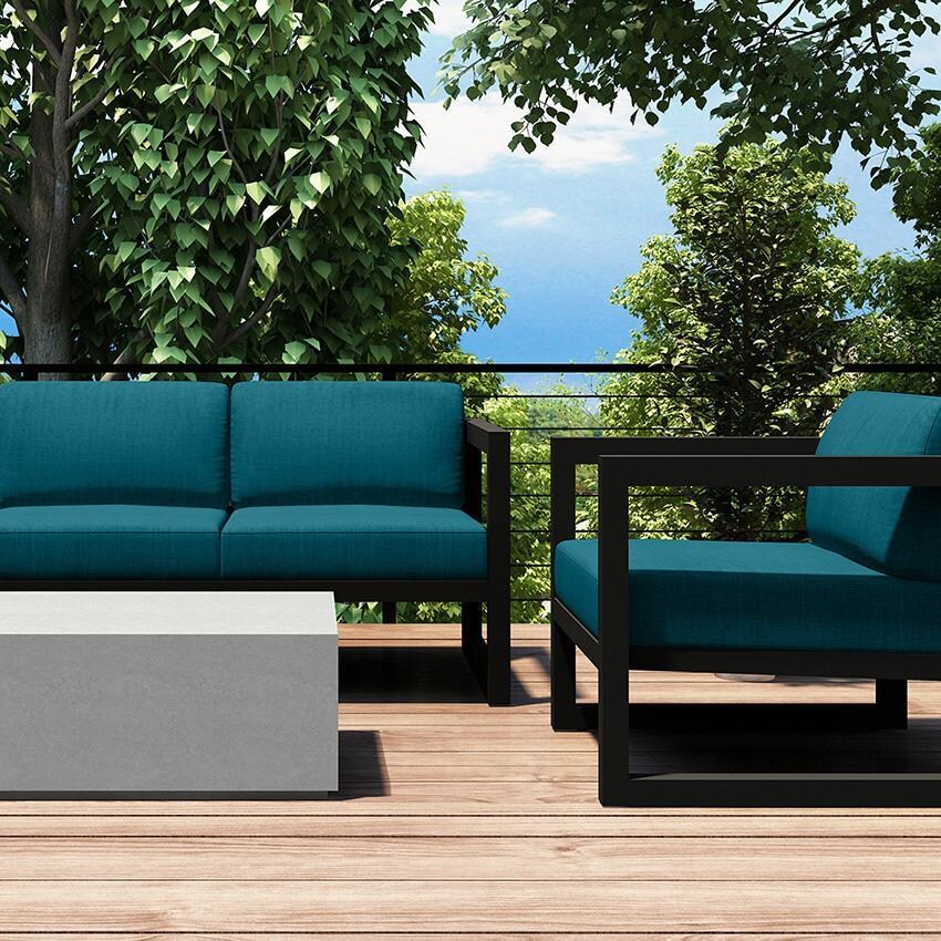 Misty Cove 3 Pc Aluminum Seating Set w/ Sofa & Long Coffee Table in Slate/Spectrum Peacock by Lakeview Outdoor Designs