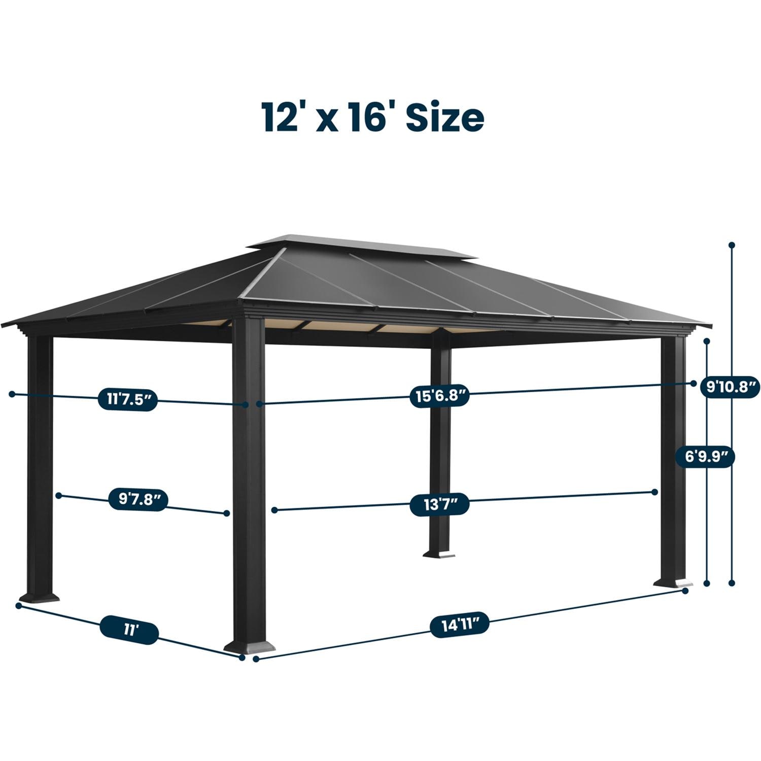 Paragon Outdoor GZ3-1216 Santa Monica 12' x 16' Aluminum Hard Top Gazebo - Dimensions - Dimensional thumbnail
