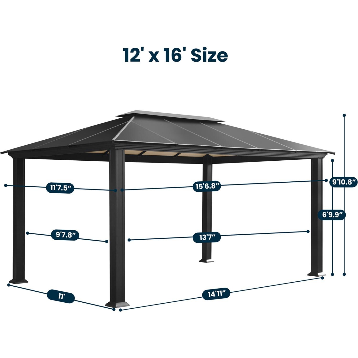 Paragon Outdoor GZ3-1216 Santa Monica 12' x 16' Aluminum Hard Top Gazebo - Dimensions - Dimensional thumbnail