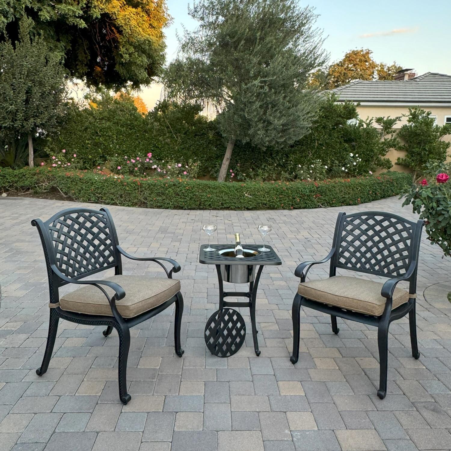 Darlee B/DL13-3PC-30SQ-S Nassau 3 Pc Cast Aluminum Conversation Set w/ Ice Bucket in Antique Bronze w/ Sesame Cushions - Set - Lifestyle thumbnail