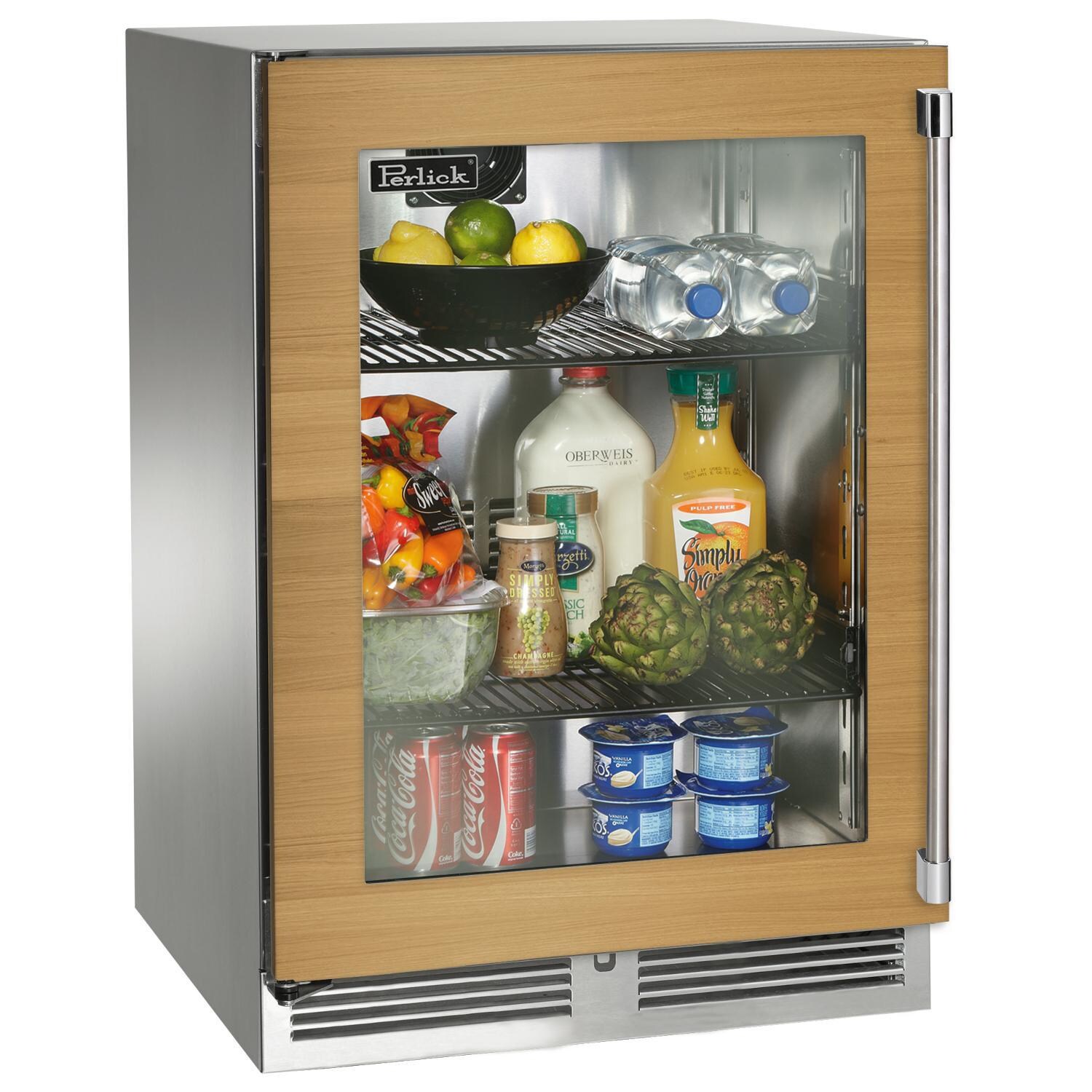 Perlick HH24RM-4-4LL 24-Inch Signature Series Shallow Depth Stainless Steel Panel Ready Glass Door Outdoor Refrigerator w/ Door Lock - Custom Dark Wood Panel thumbnail