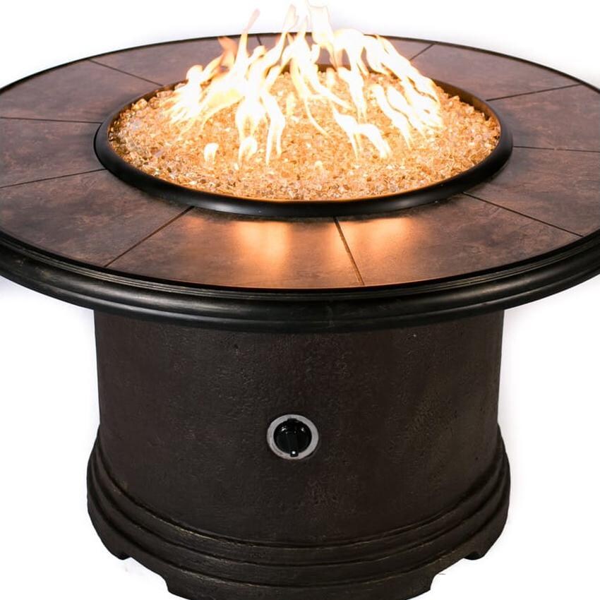 Tretco 44-Inch Traditional Round Concrete Fire Pit Table - Dark Brown W/ Tile Top - Burner and Fire Glass thumbnail