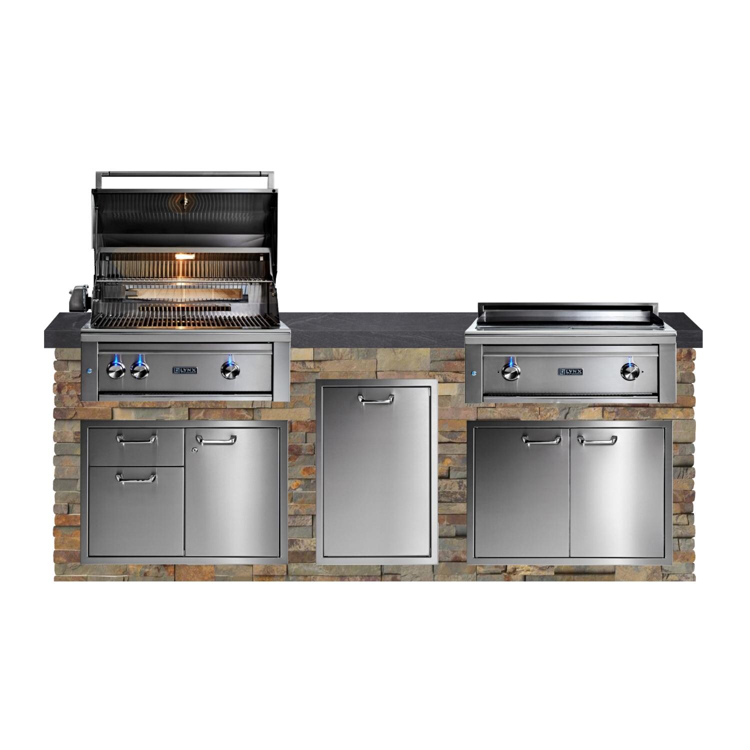 BBQGuys Signature 8ft Luxury Outdoor Kitchen w/ Lynx Professional 30-Inch Propane Grill & 30-Inch Asado - Gold Rush Stone w/ Black Polished Granite