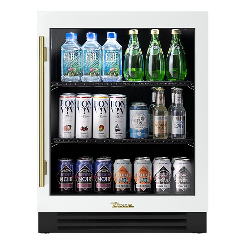 True ADA Height 24 Inch 5 Cu. Ft. Right Hinge Glass Door Outdoor Refrigerator - Matte White w/ Brass Handles - TURADA-24-RG-A~030-H01