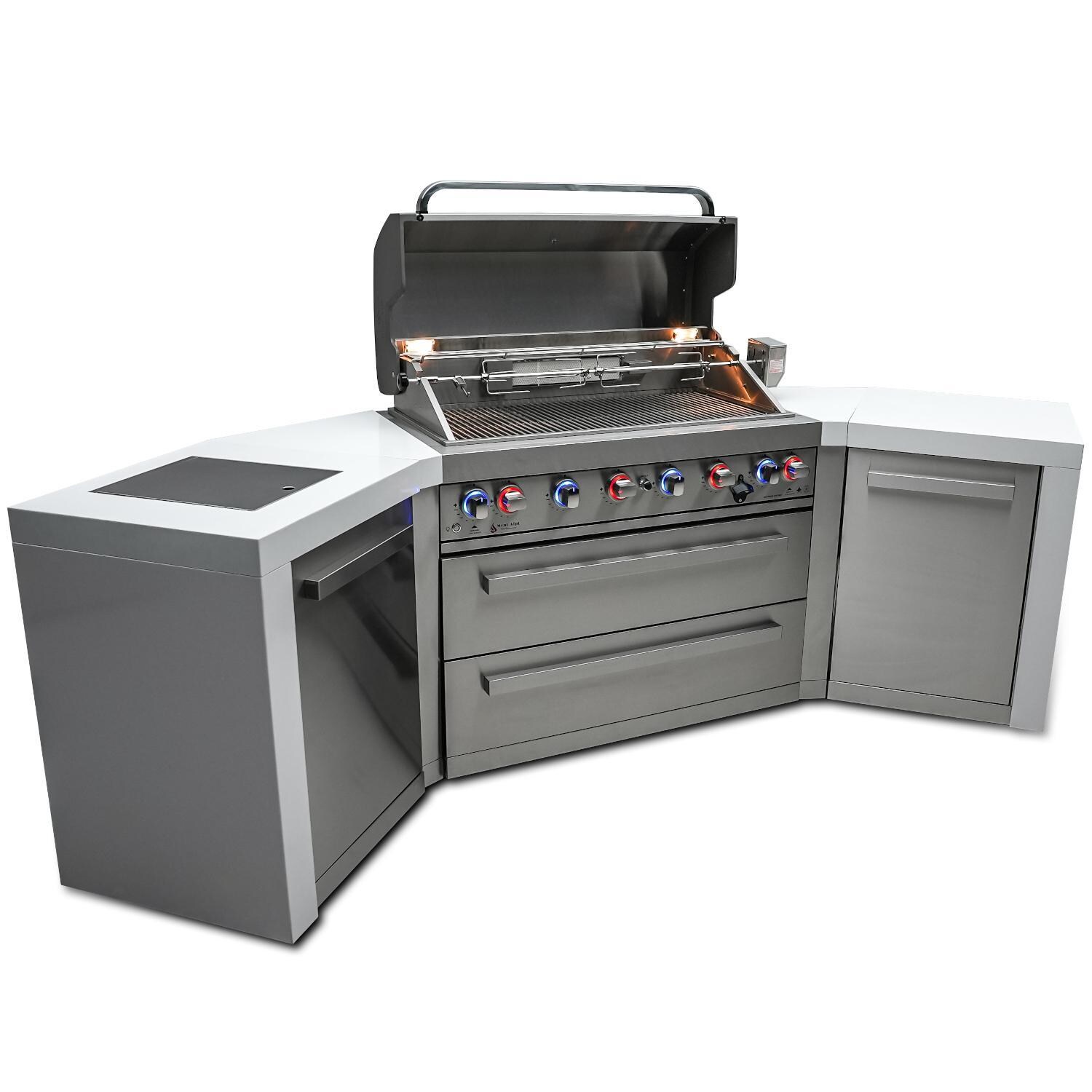 Mont Alpi MAi805-D45 Deluxe 45 Degree Natural Gas Island Grill - Angled Right - Grill Open - White Background thumbnail