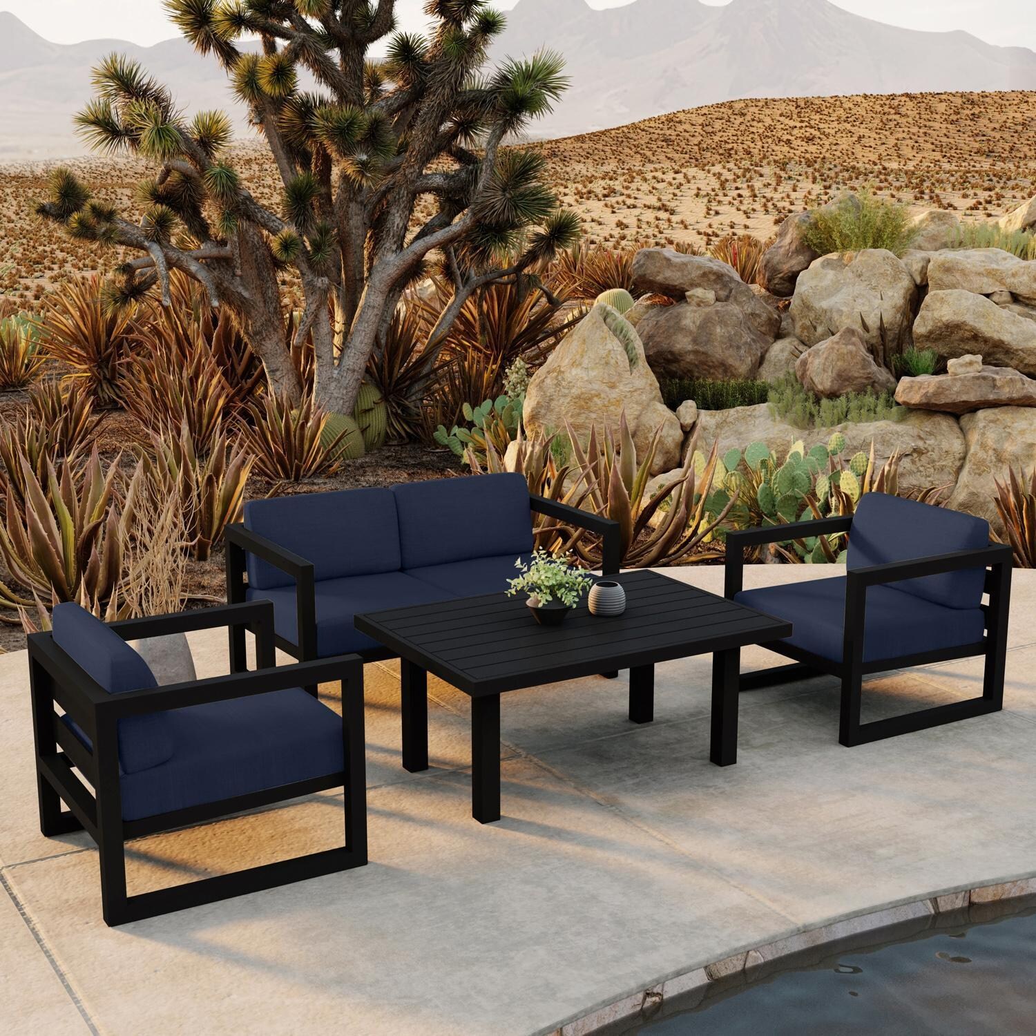 Lakeview MSTYCV-BK-SET114-IN Misty Cove 4 Pc Aluminum Seating Set in Black w/Chat Table & Spectrum Indigo Cushions by Lakeview Outdoor Designs - By the Pool - Lifestyle thumbnail