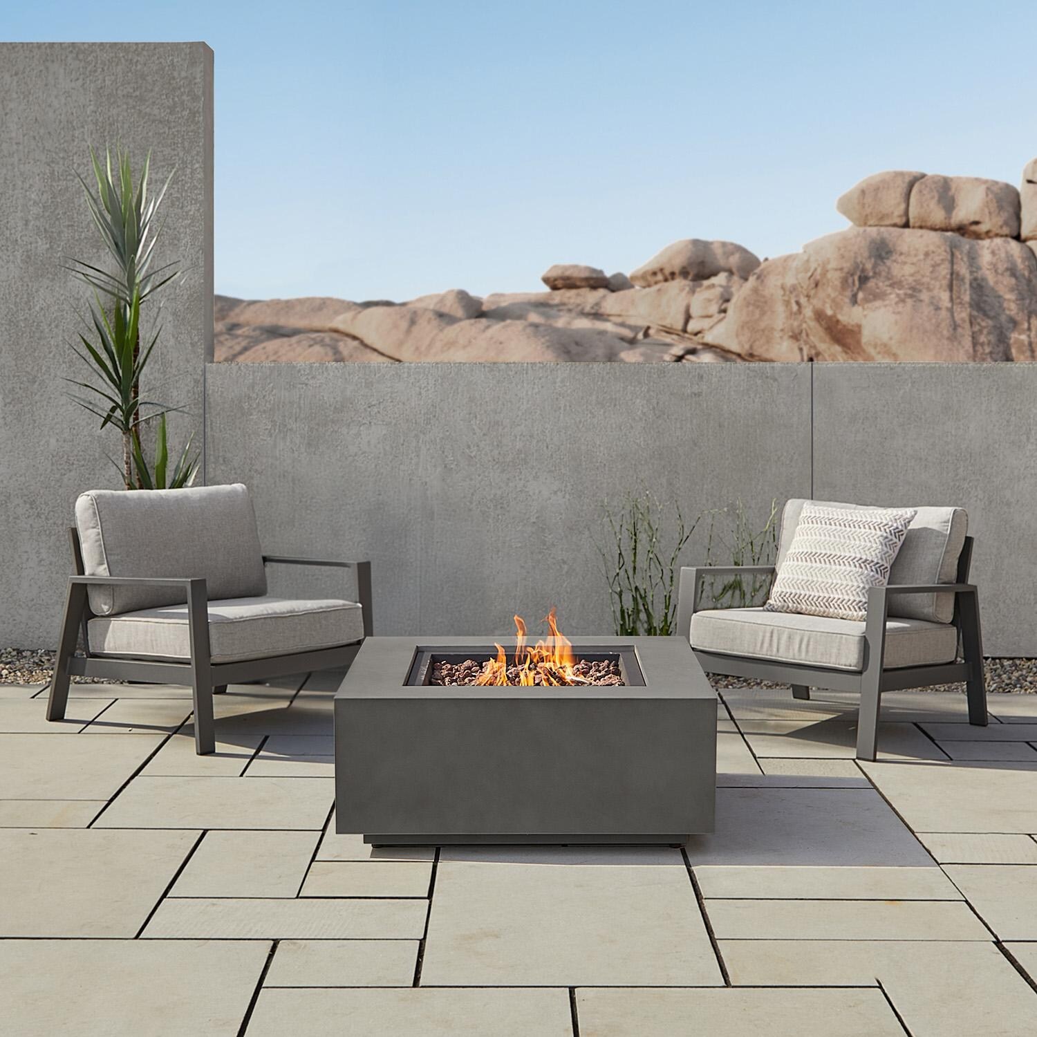 Elysian 3 Pc Powder Coated Steel Seating Set w/ 36 Inch Square Fire Pit in Weathered Slate by Lakeview Outdoor Designs