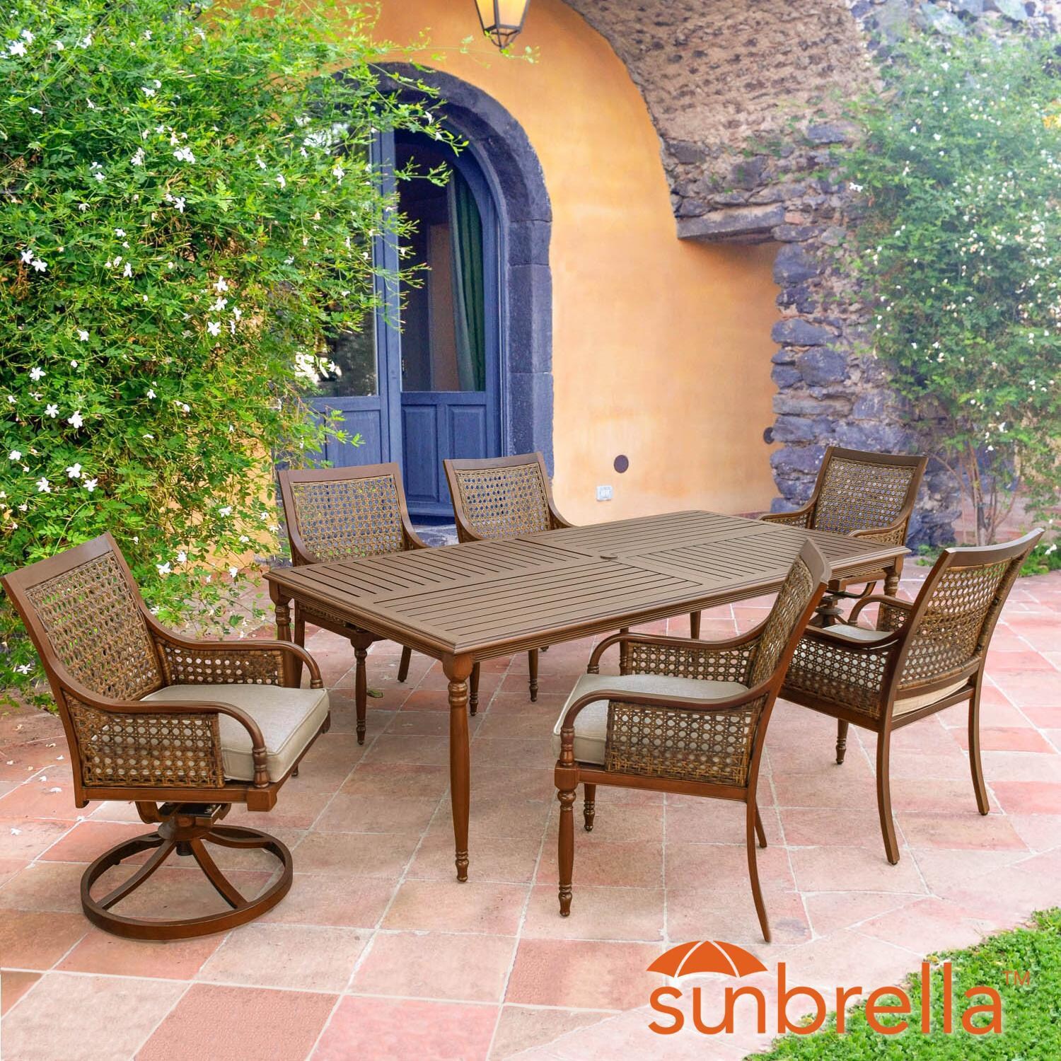 Arabella 7 Piece Aluminum Patio Dining Set W/ 78 X 42 Inch Table, 2 Swivel Rockers & Sunbrella Cast Ash Cushions By Lakeview Outdoor Designs