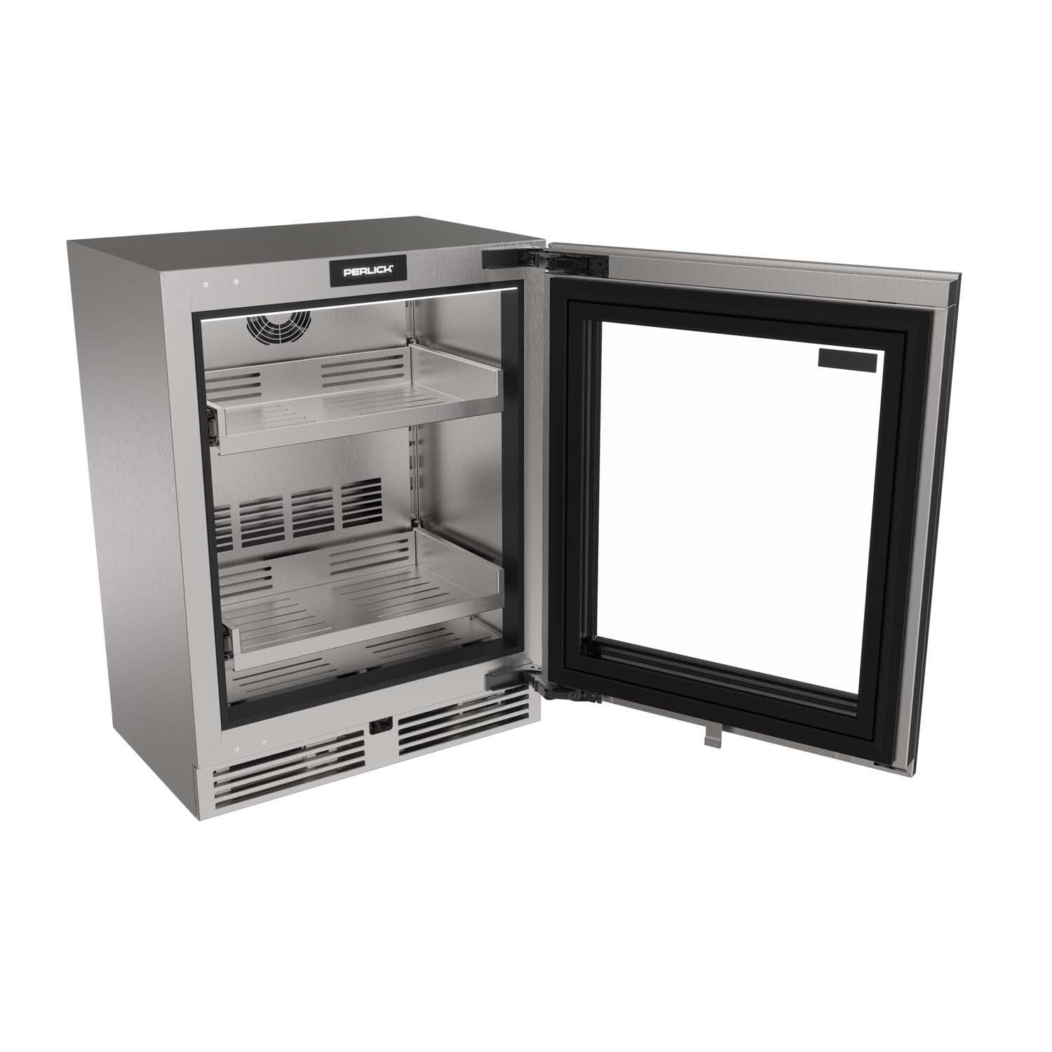 Perlick G5BC24GD G5 Luxe 24-in 3.1 Cu. Ft. Shallow ADA Beverage Cooler w/ Panel Ready Glass Door - Door Open - White Background thumbnail