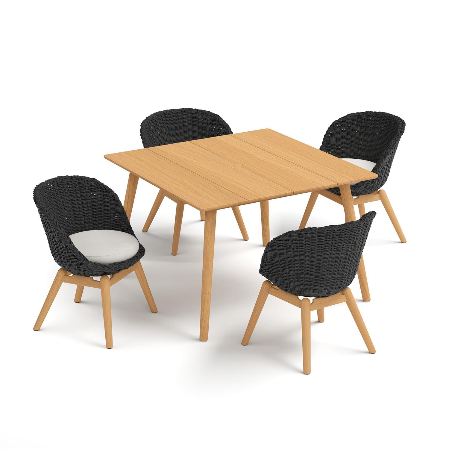 Oxford Garden Tulle 5 Pc Wicker & Natural Teak Dining Set W/ 45 In Square Table in Shadow/Bliss Linen - Top View thumbnail