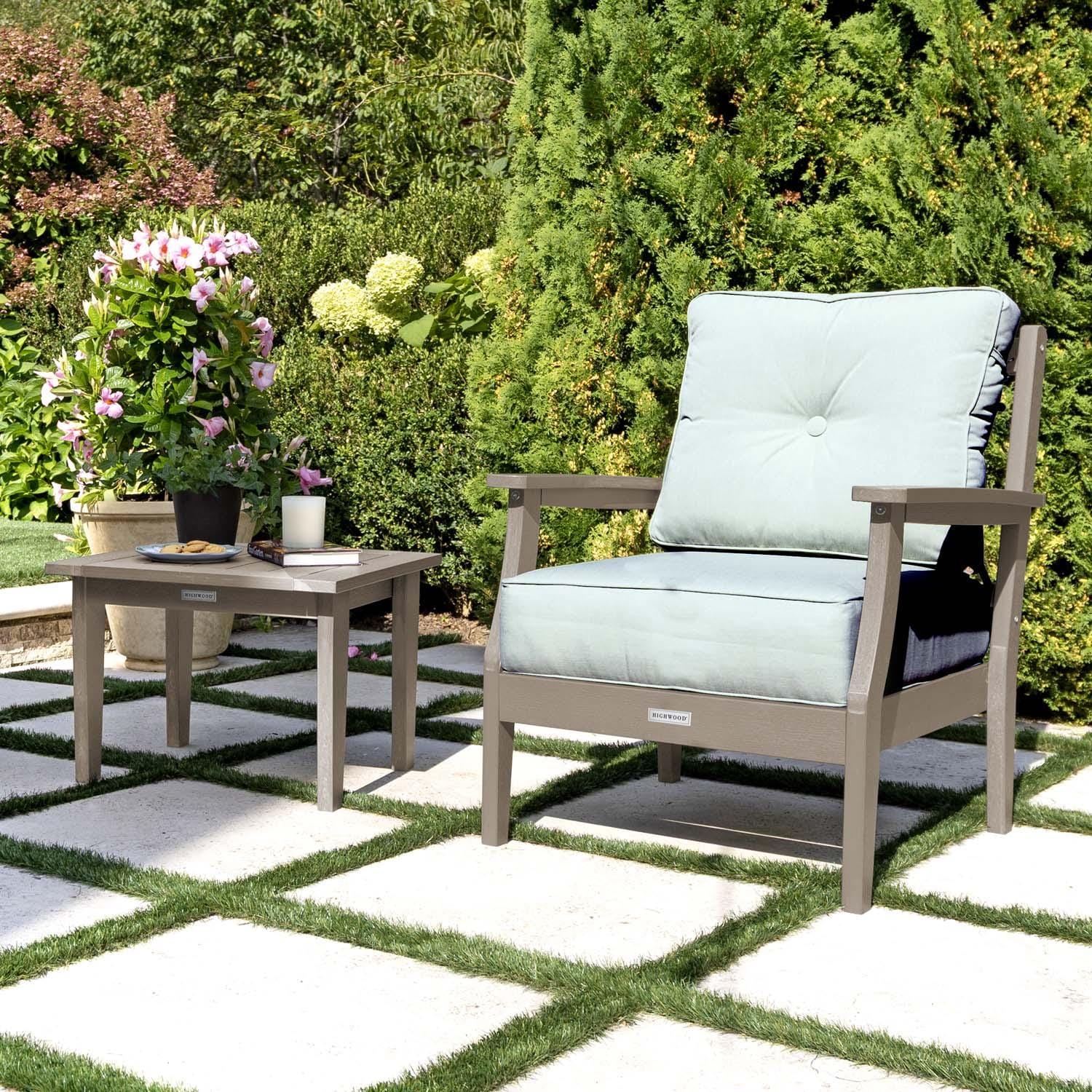 Blushing Bay 3 Pc Recycled Plastic Seating Set in Canvas Seasalt/Woodland Brown by Lakeview Outdoor Designs - Close Up - Lifestyle thumbnail