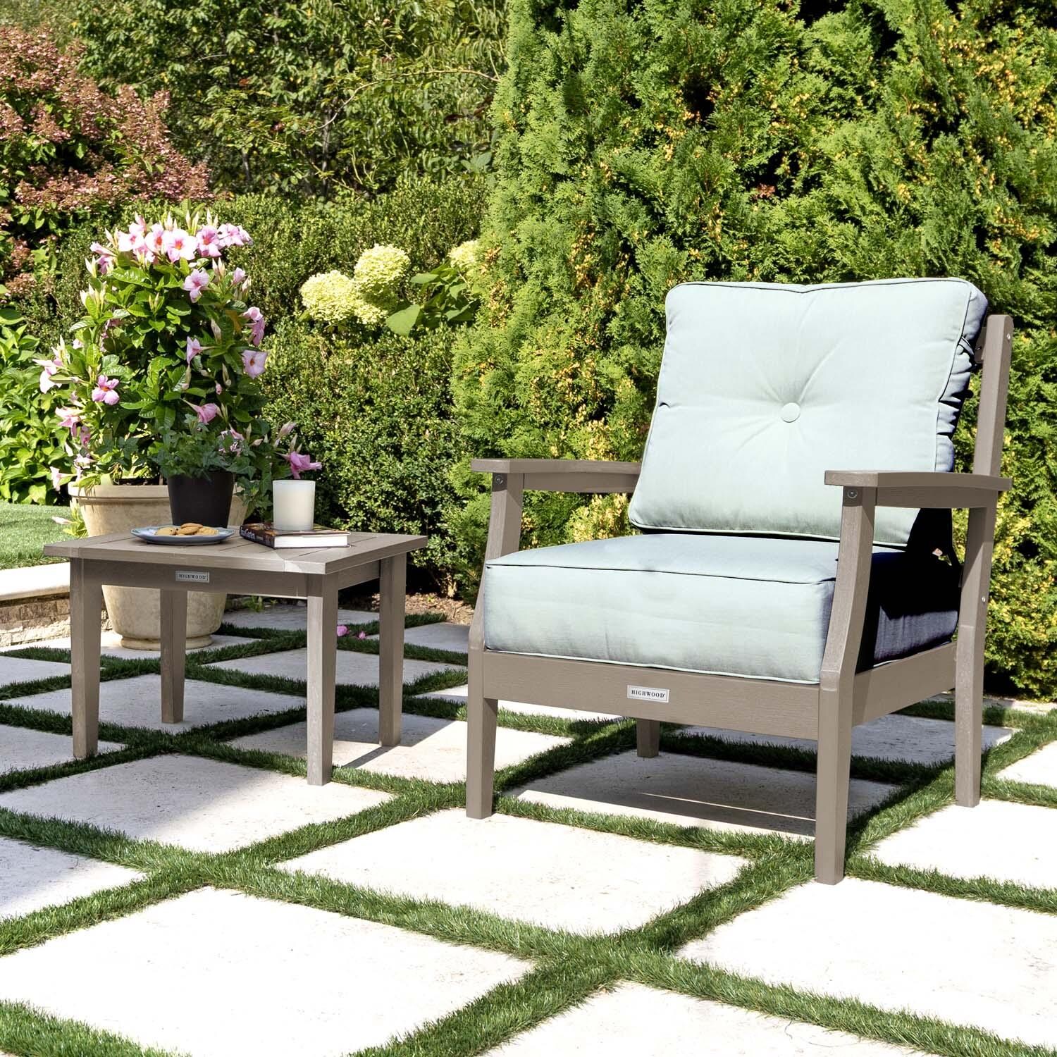 Blushing Bay 3 Pc Recycled Plastic Seating Set in Canvas Seasalt/Woodland Brown by Lakeview Outdoor Designs - Close Up - Lifestyle thumbnail