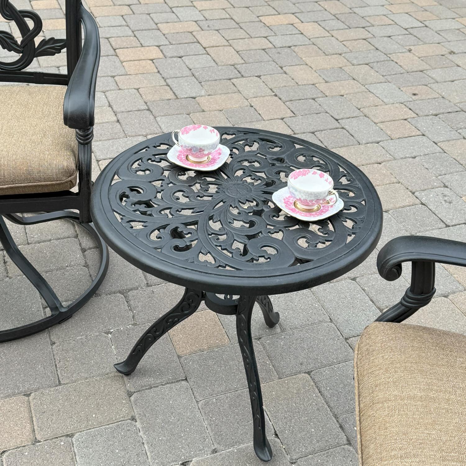 Darlee B/DL2052-3PCR-80A Santa Monica 3 Pc Cast Aluminum Dining Set w/ Round End Table in Antique Bronze - Table Top View - Lifestyle thumbnail