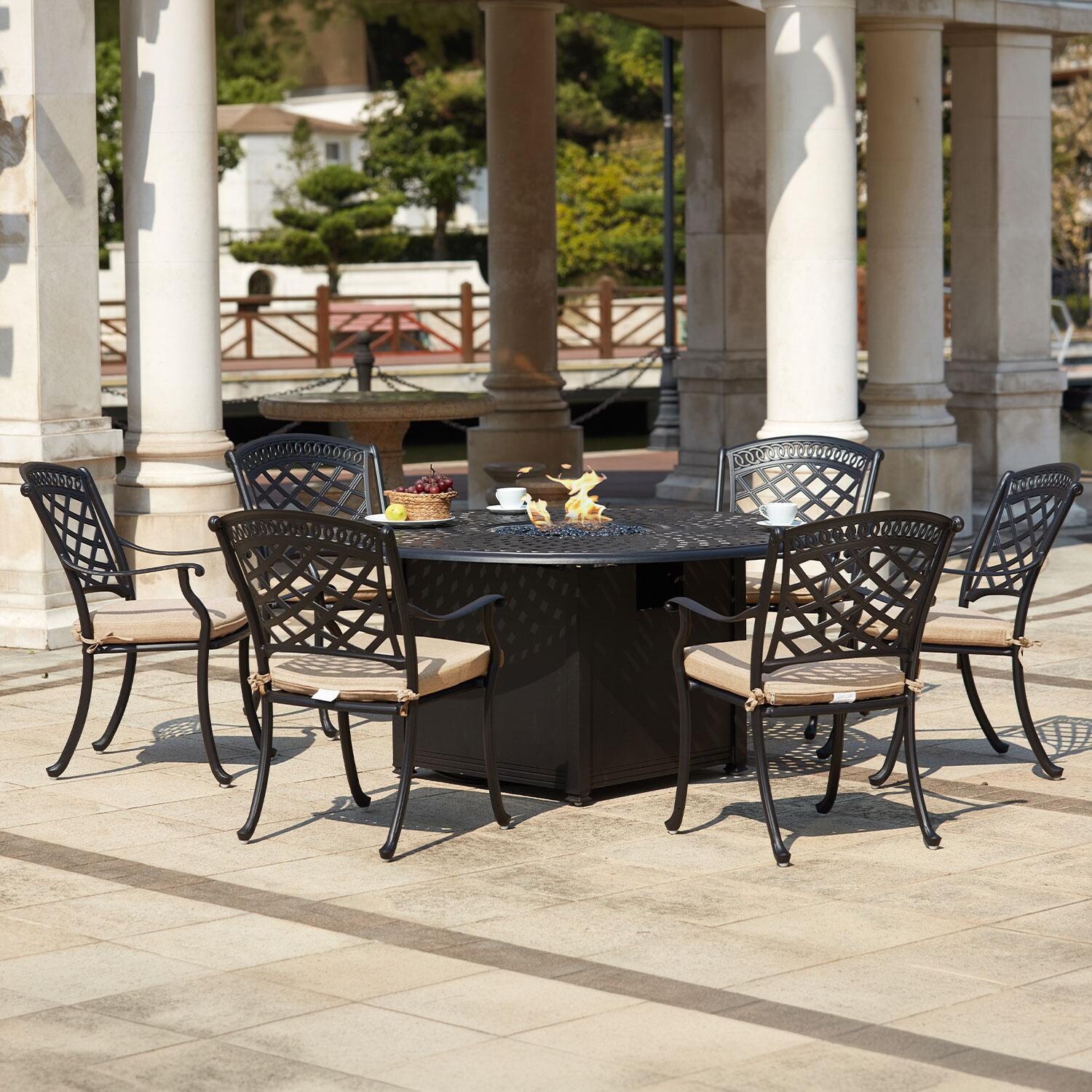 Sedona 7 Pc Cast Aluminum Fire Pit Dining Set w/ 60 Inch Round Signature Table in Antique Bronze/Beige Canvas by Darlee