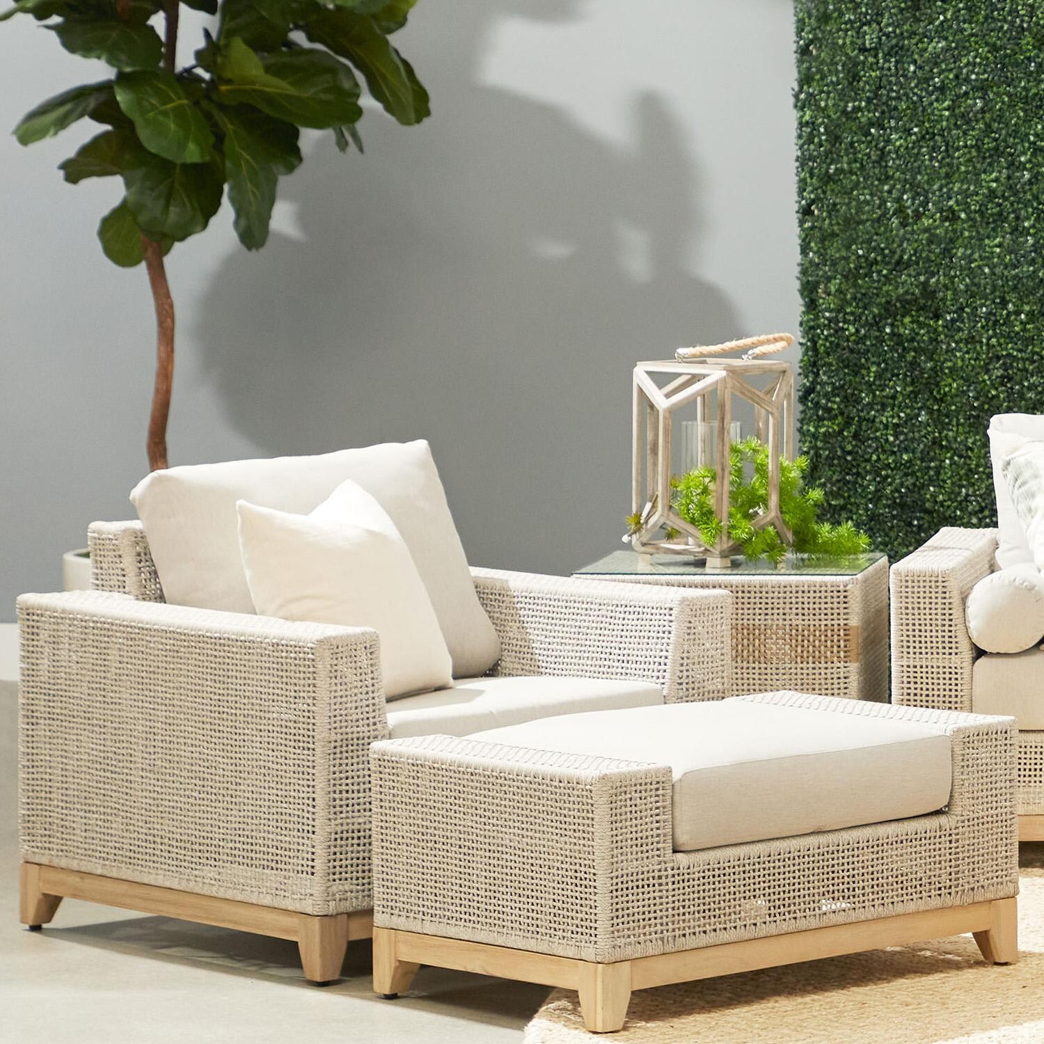 Lakeview Ranch Pointe Woven Rope Ottoman in Taupe & White - Lifestyle thumbnail