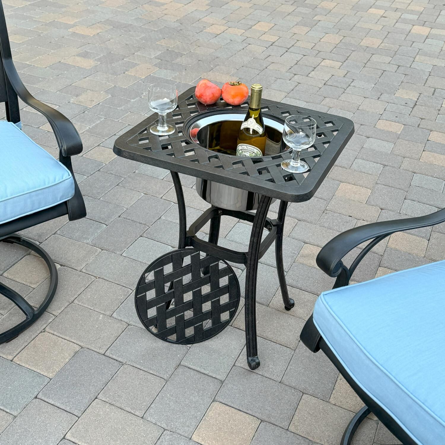 Darlee B/DL13-3PCR-30SQ-B Nassau 3 Pc Cast Aluminum Conversation Set w/ Rocker and Ice Bucket in Antique Bronze w/ Blue Cushions - Table - Lifestyle thumbnail