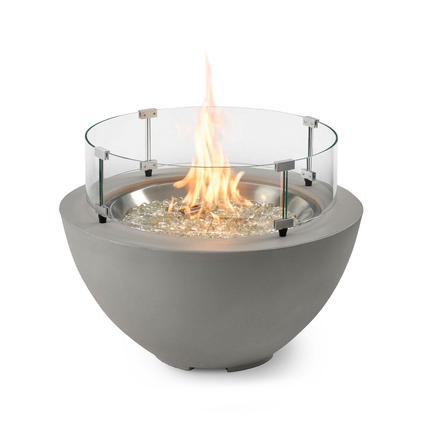 Cove 29 Inch Round GFRC Propane Fire Bowl in Natural Gray by The Outdoor GreatRoom Company - Wind Shield - White Background thumbnail