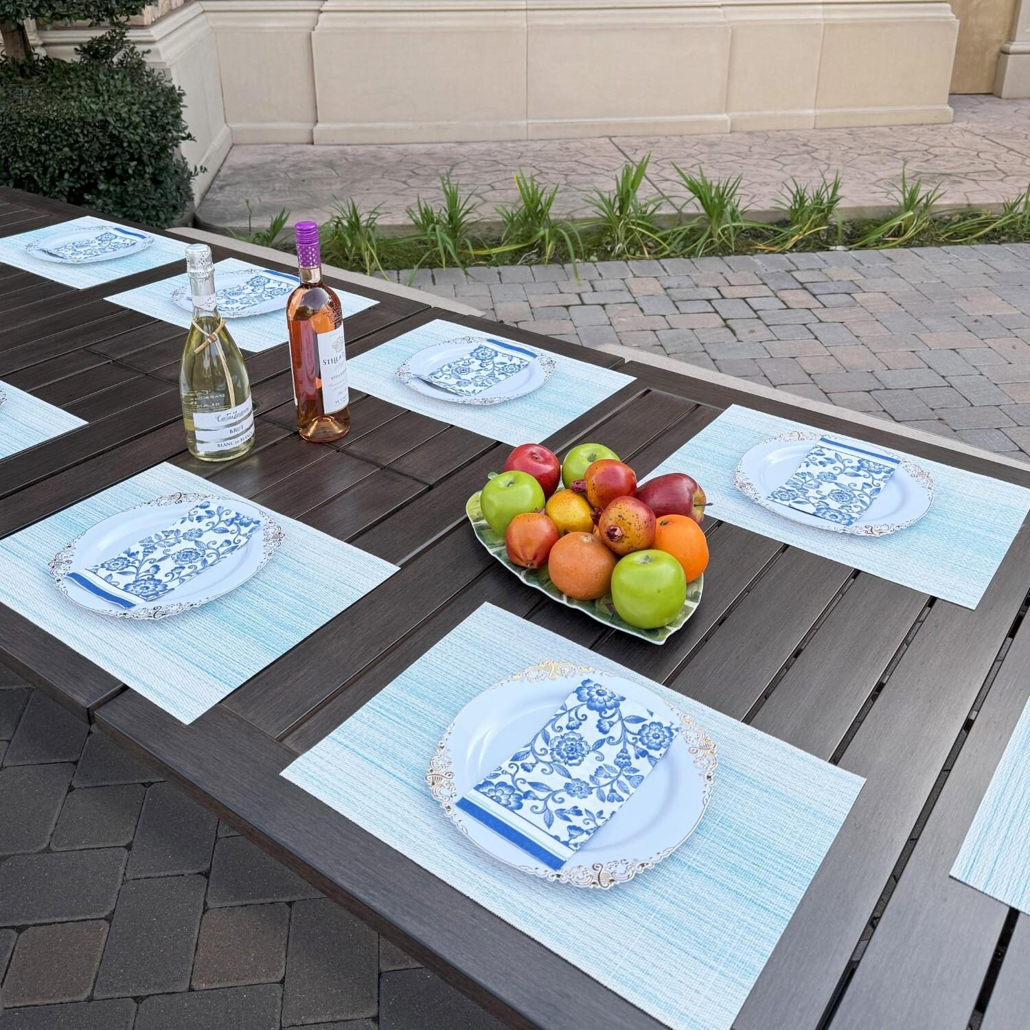 Atlantis 9 Pc Aluminum Dining Set w/ 6 Swivel Rocker Dining Arm Chairs, 2 Two Person Benches & Extension Table in Walnut/Beige by Darlee - Table From Above - Lifestyle thumbnail