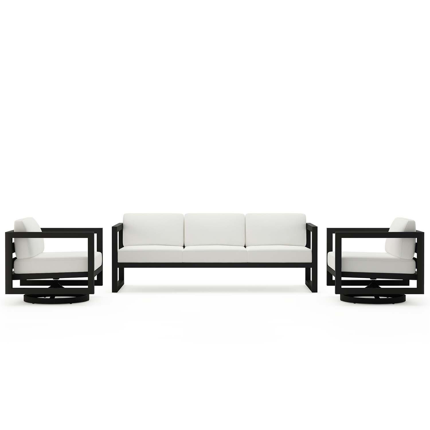 Misty Cove 3 Pc Aluminum Sofa Seating Set w/ Swivel Chairs in Black/Canvas Natural by Lakeview Outdoor Designs - White Background thumbnail