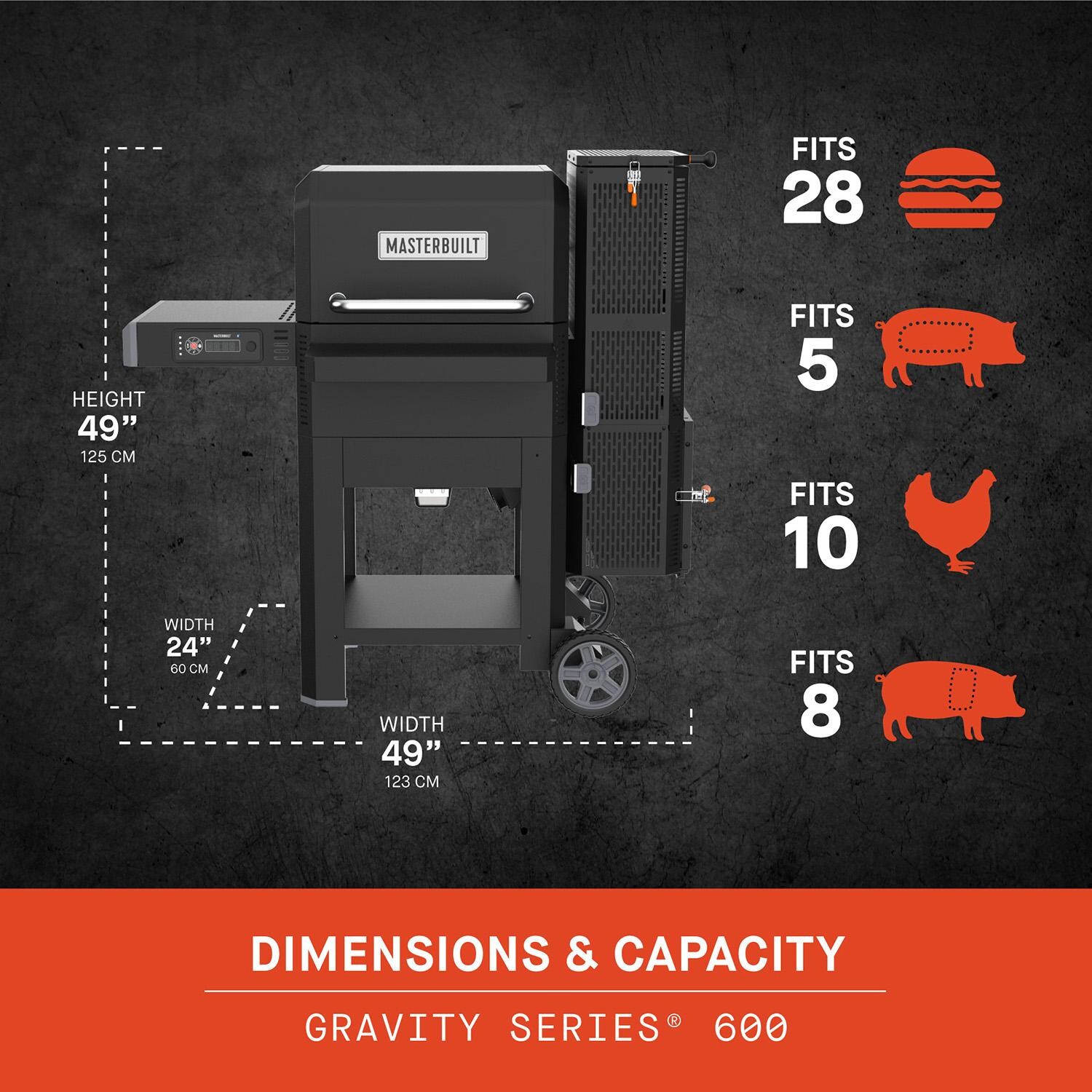Masterbuilt MB20041023 Gravity Series 600 Digital Charcoal Grill + Smoker - Dimensions - Dimensional