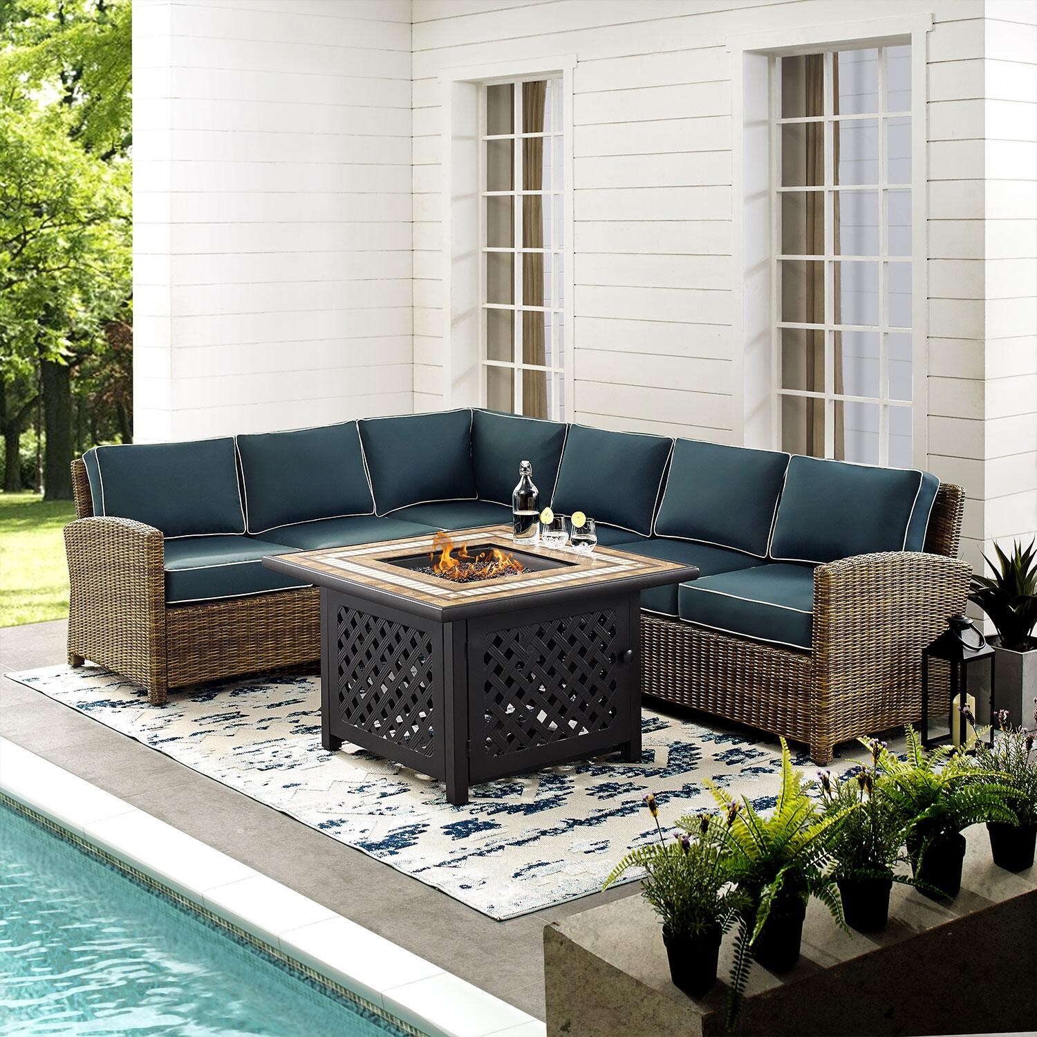 Ultimate Patio UP-92391-NV 5Pc Wicker Outdoor Sectional Set W/ Fire Table in Navy - By The Pool - Lifestyle thumbnail
