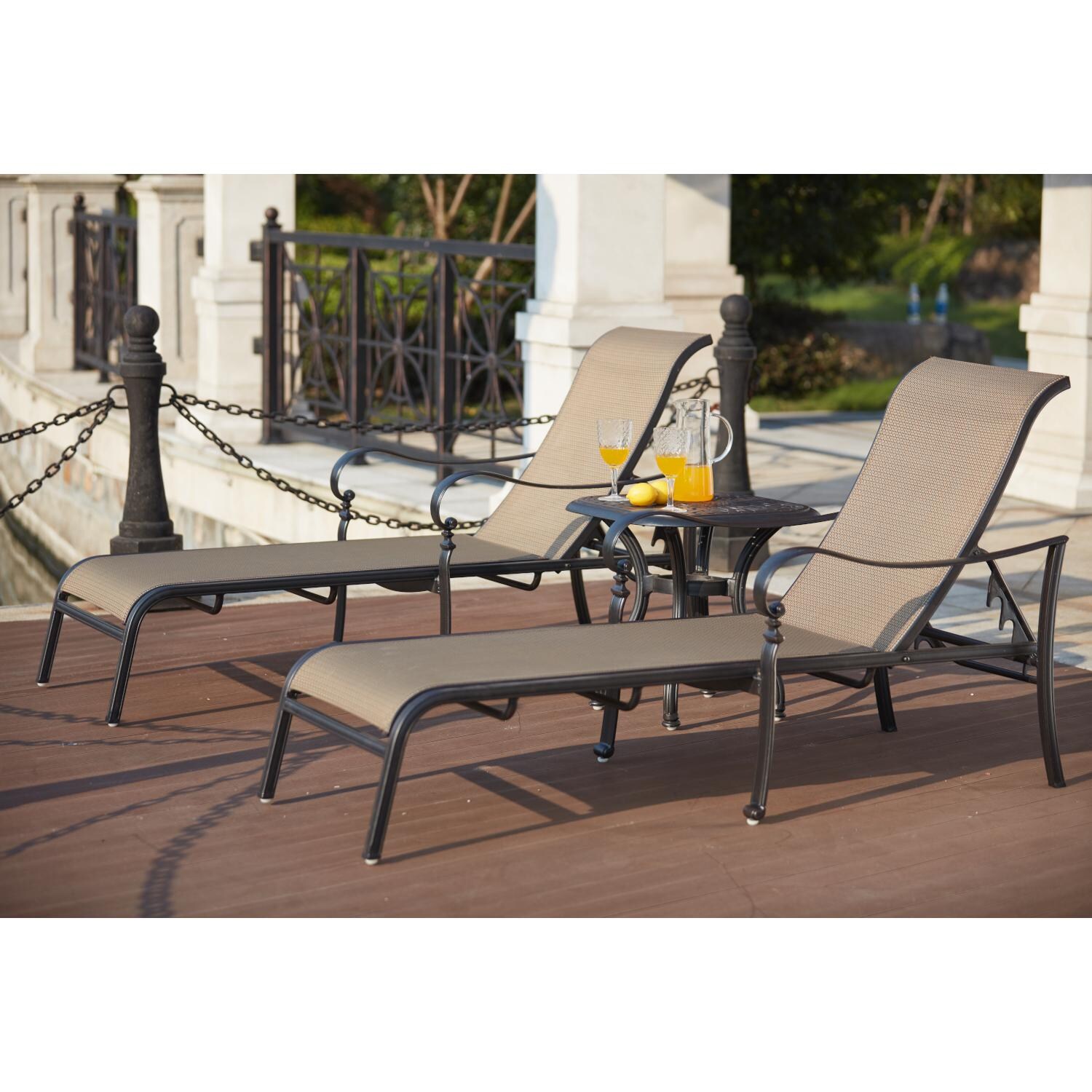 Darlee 201610-3PC-3360A Mountain View 3 Piece Cast Aluminum Sling Patio Chaise Lounge Set - Lifestyle thumbnail
