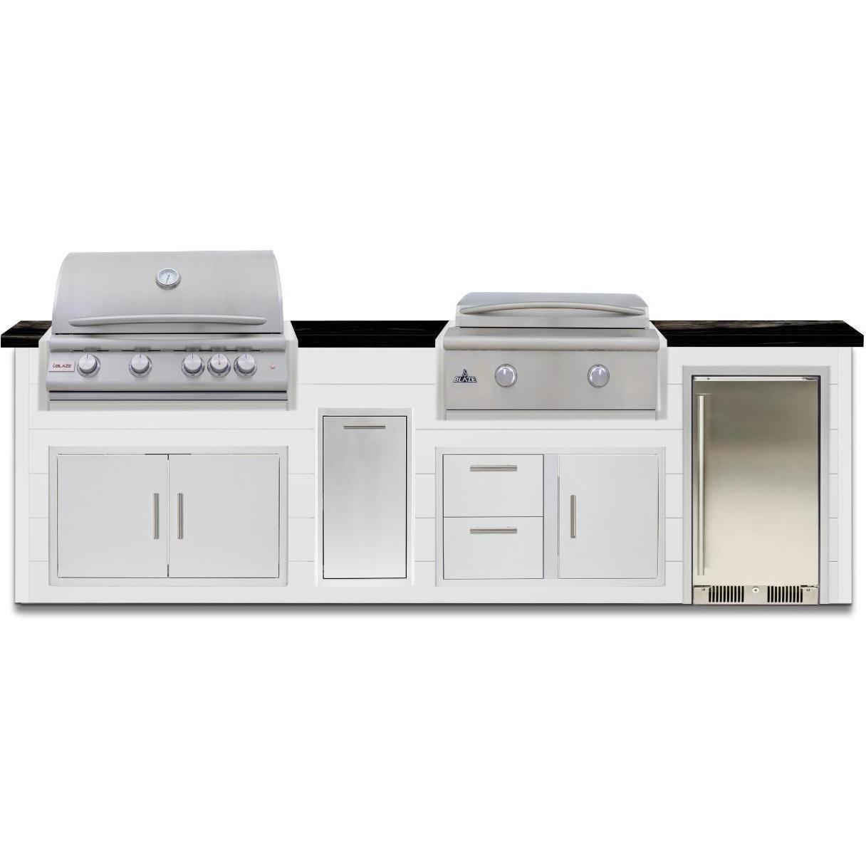 BBQGuys Signature 10 Ft Grill Island w/ 32-in Propane Blaze LTE+ Grill & Griddle, Narrow Trash Bin & Door & Drawer | Crystal White w/ Nero Mist Granite - Front - White Background thumbnail