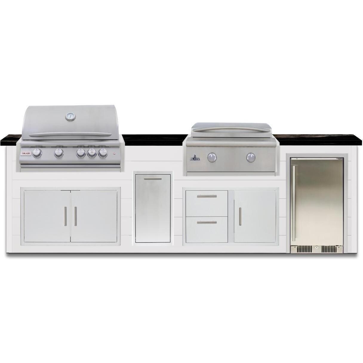 BBQGuys Signature 10 Ft Grill Island w/ 32-in Propane Blaze LTE+ Grill & Griddle, Narrow Trash Bin & Door & Drawer | Crystal White w/ Nero Mist Granite - Front - White Background thumbnail