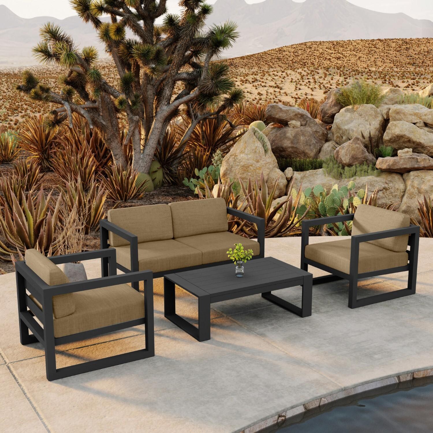 Misty Cove 4 Pc Aluminum Seating Set w/ Portal Coffee Table Slate/Heather Beige by Lakeview Outdoor Designs