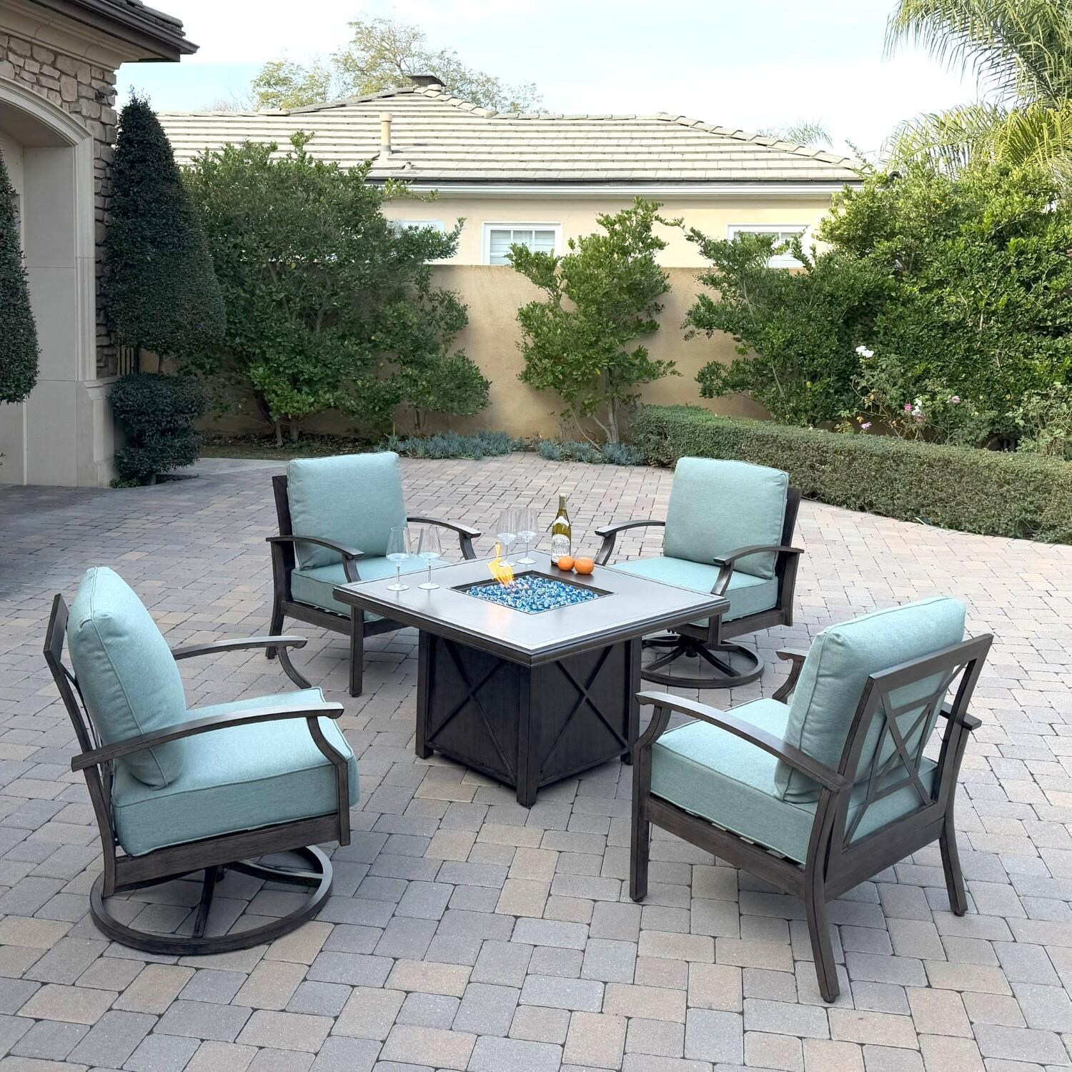 Atlantis 5 Pc Aluminum Fire Pit Seating Set w/ 2 Club Chairs & 2 Swivel Rocker Club Chairs in Walnut/Spa by Darlee