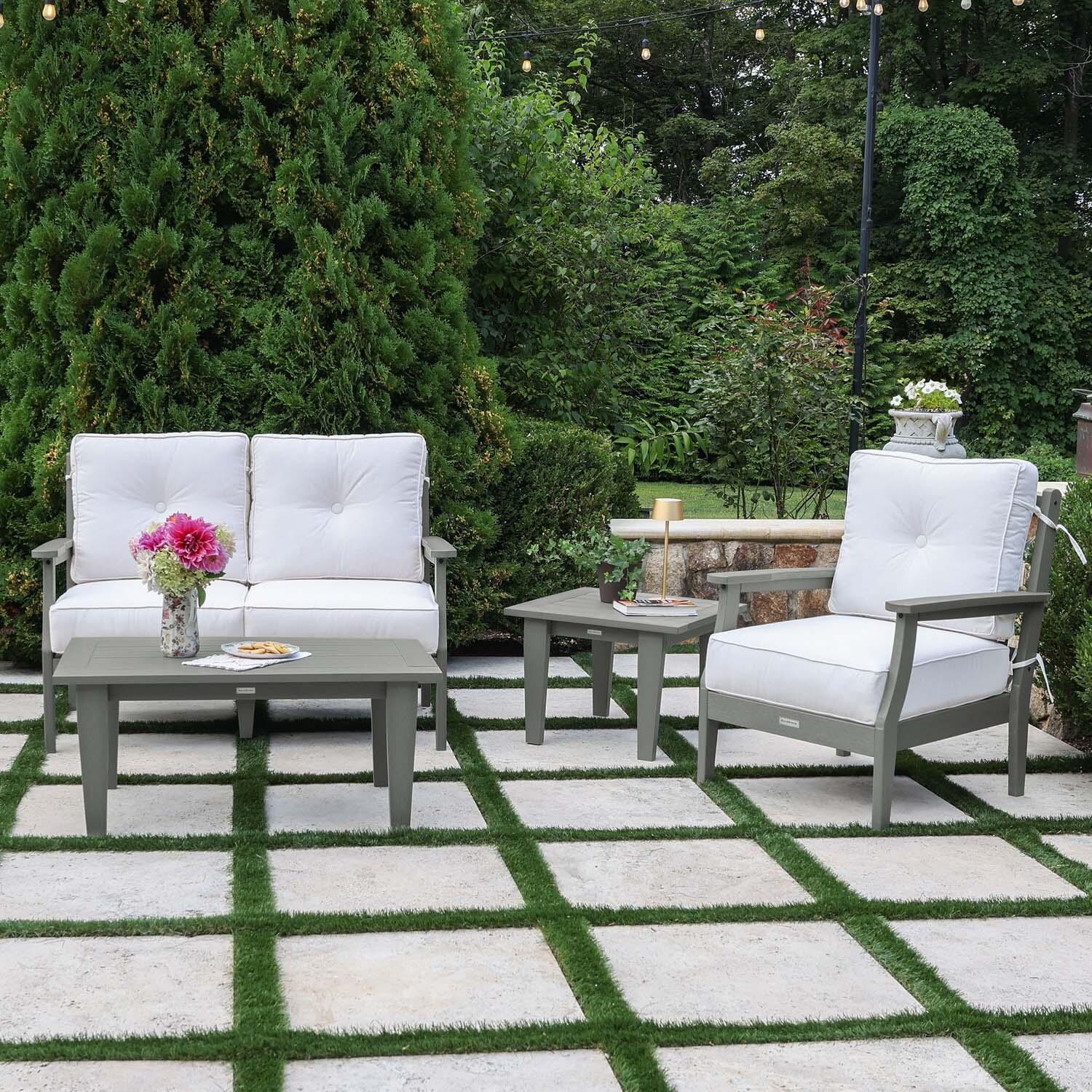 Blushing Bay 4 Pc Recycled Plastic Seating Set in Bliss Linen/Coastal Teak by Lakeview Outdoor Designs - Lifestyle thumbnail
