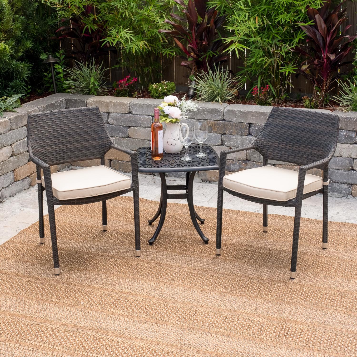Space Saving Outdoor Furniture Sets Bbqguys Gentilly 3 Piece Wicker Patio Bistro Set W 21 Inch Square Table Sunbrella Canvas