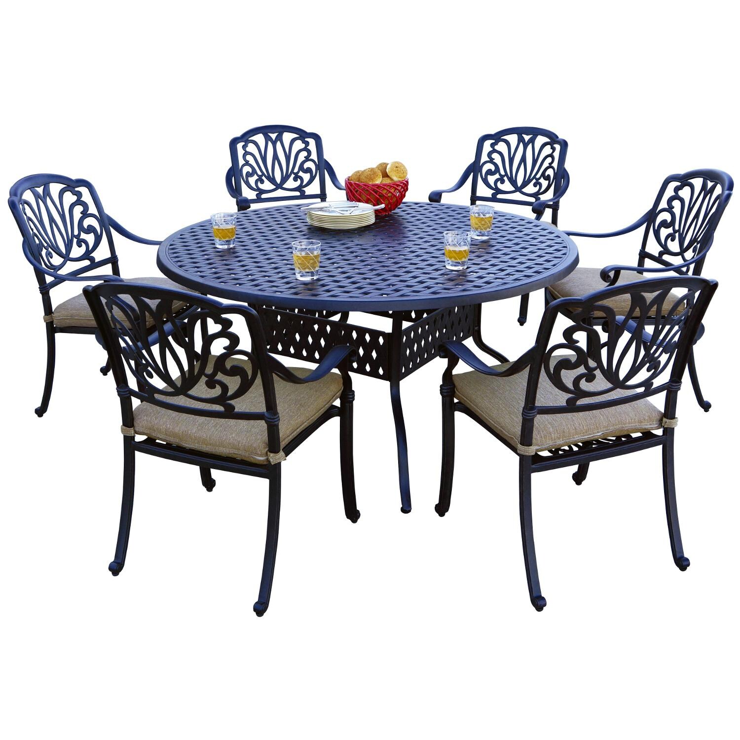 Elisabeth 7 Piece Cast Aluminum Patio Dining Set W/ 60 Inch Round Table & Sesame Cushions By Darlee thumbnail
