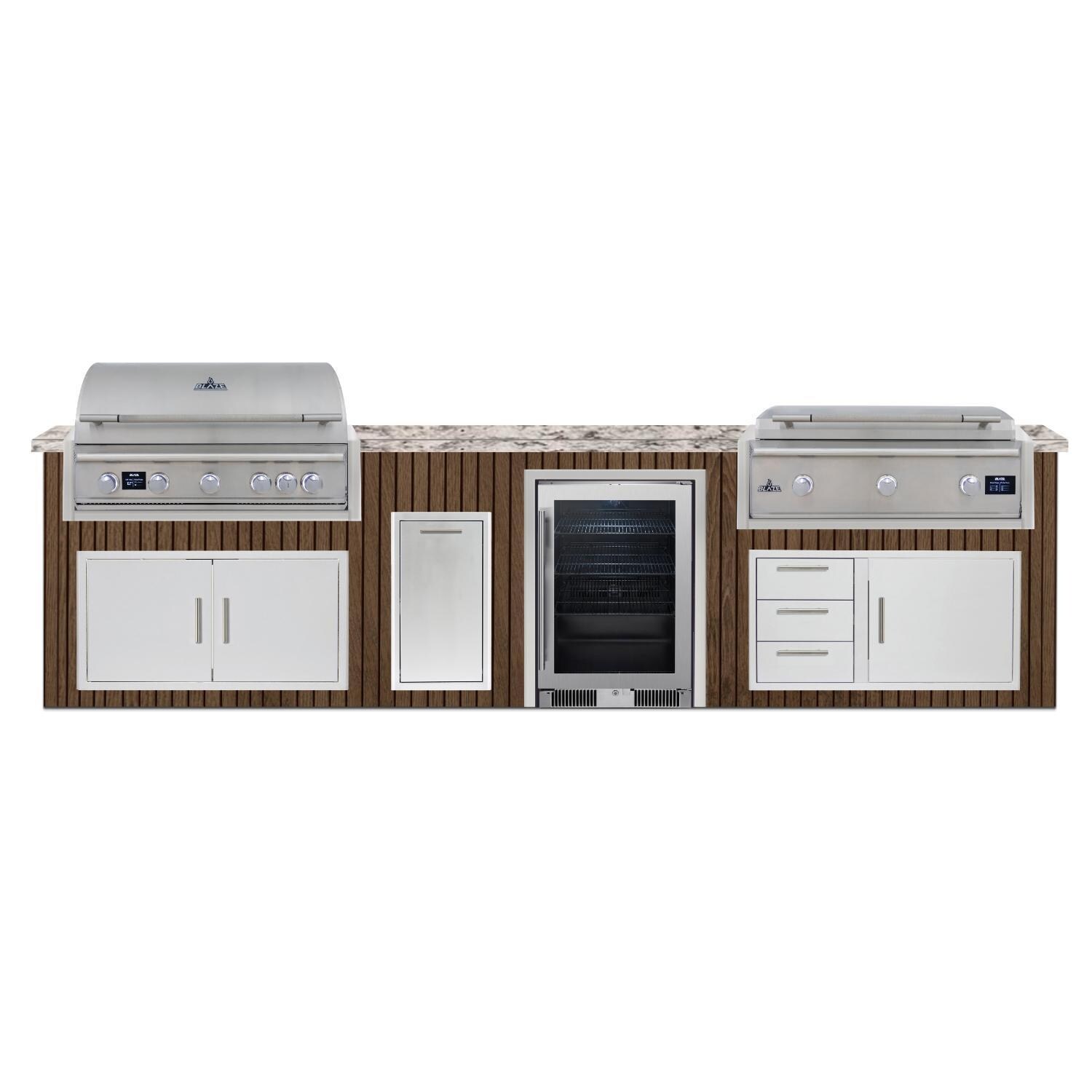 BBQGuys Signature 12 Ft Outdoor Kitchen Island w/ 40-in Natural Gas Blaze LTE PRO Grill & Griddle, 20-in Beverage Center & Narrow Trash Bin | Toffee w/ White Valley Granite - Island - White Background thumbnail
