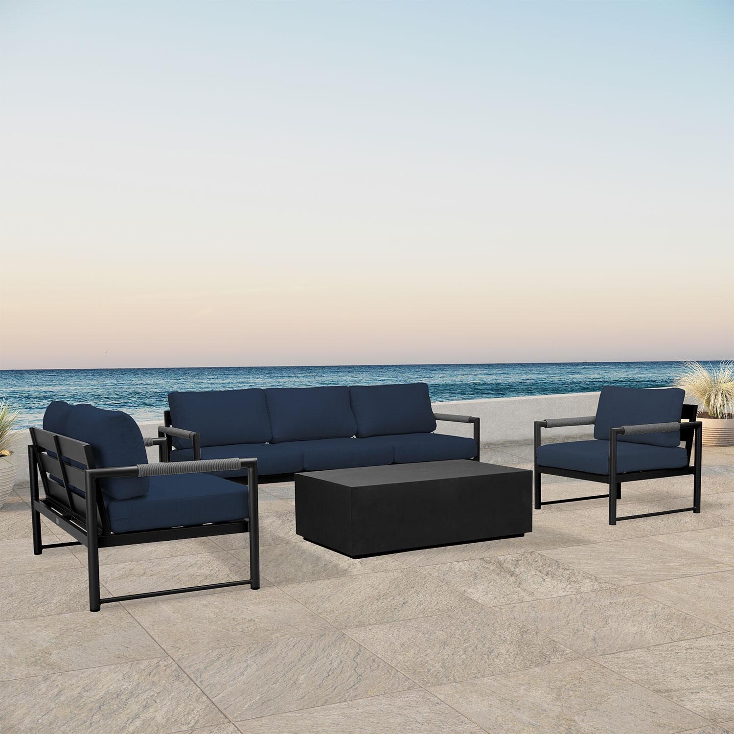 Lakeview AVEBAY-BK-CO-SET137-IN Avenue Bay Black/Carbon 4 Pc Sofa Loveseat Set - Spectrum Indigo - Angled On Patio - Lifestyle thumbnail