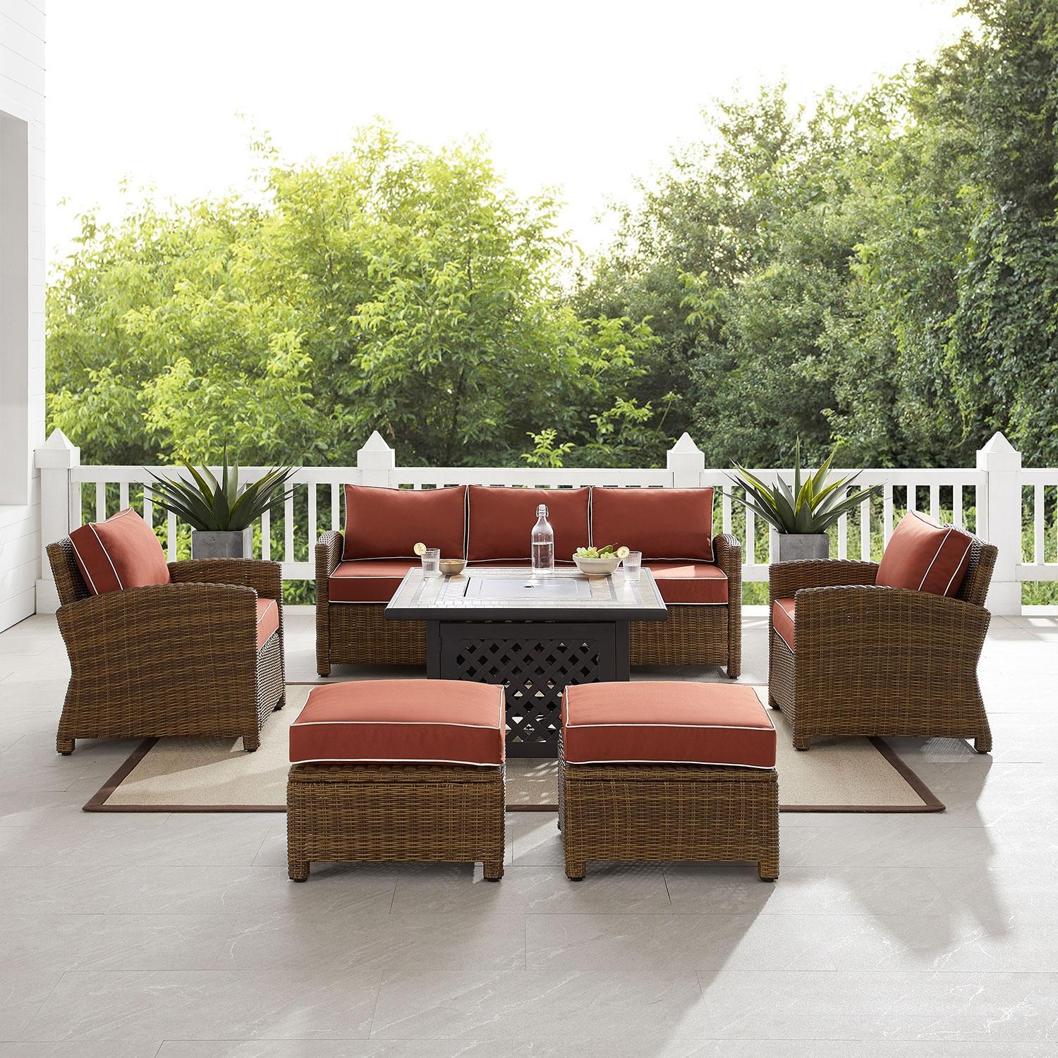 Ultimate Patio UP-92417WB-SG 6Pc Wicker Outdoor Sofa Set W/ Fire Table in Sangria - Front View W/ Fire Table Off - Lifestyle thumbnail