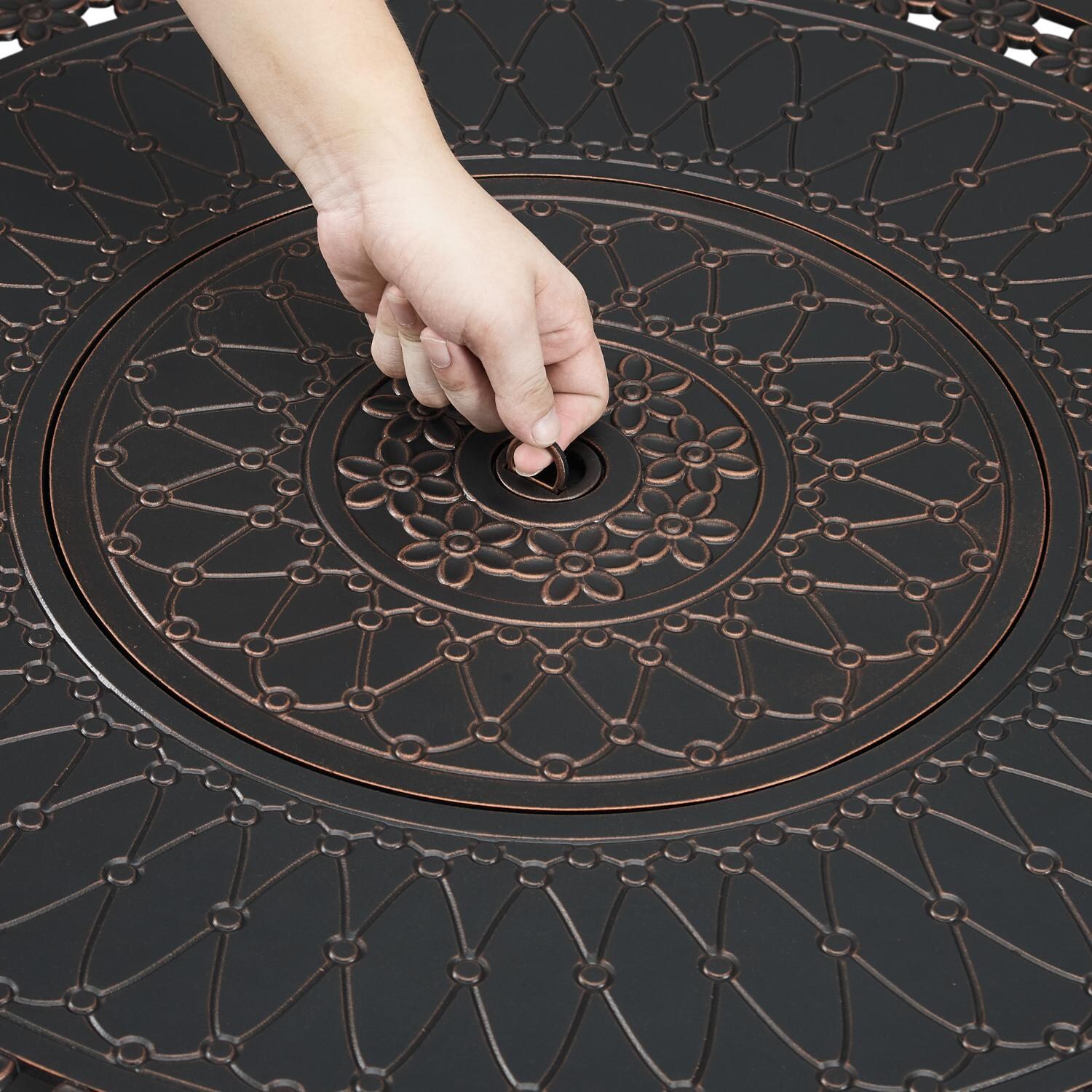 Ultimate Patio 63691-NG Lion Sands 34-Inch Round Aluminum Natural Gas Fire Pit - Cover Handle thumbnail