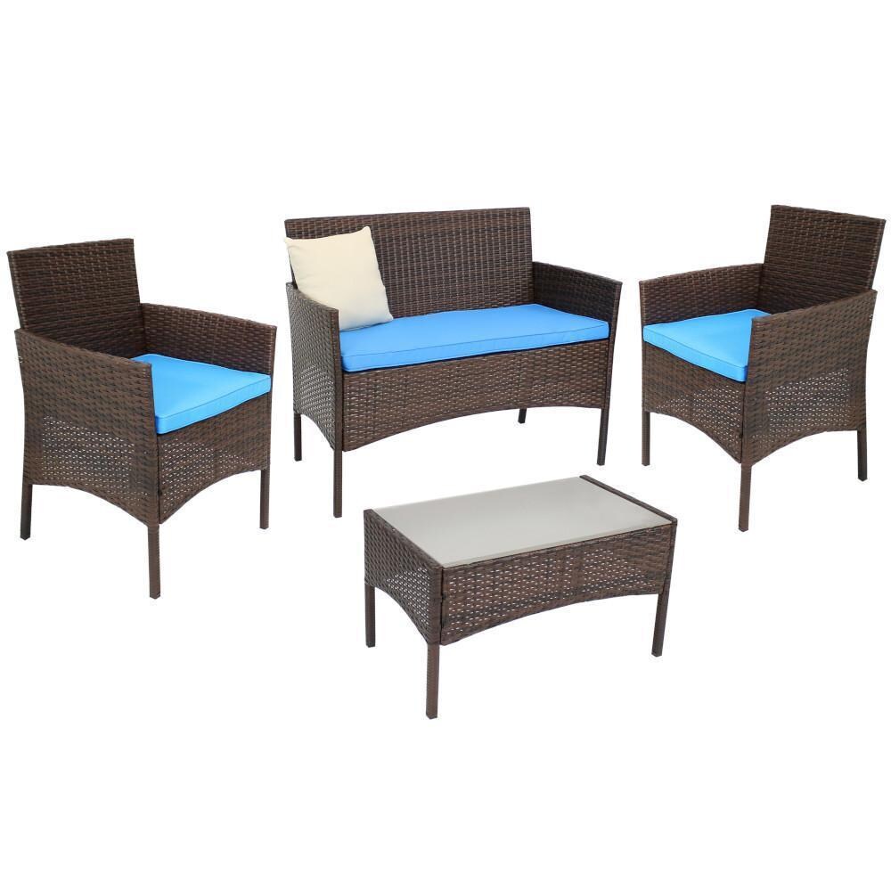 Ultimate Patio Mixed Brown Rattan W/ Blue Cushions 4-Piece Patio Set - Full Set - White Background thumbnail